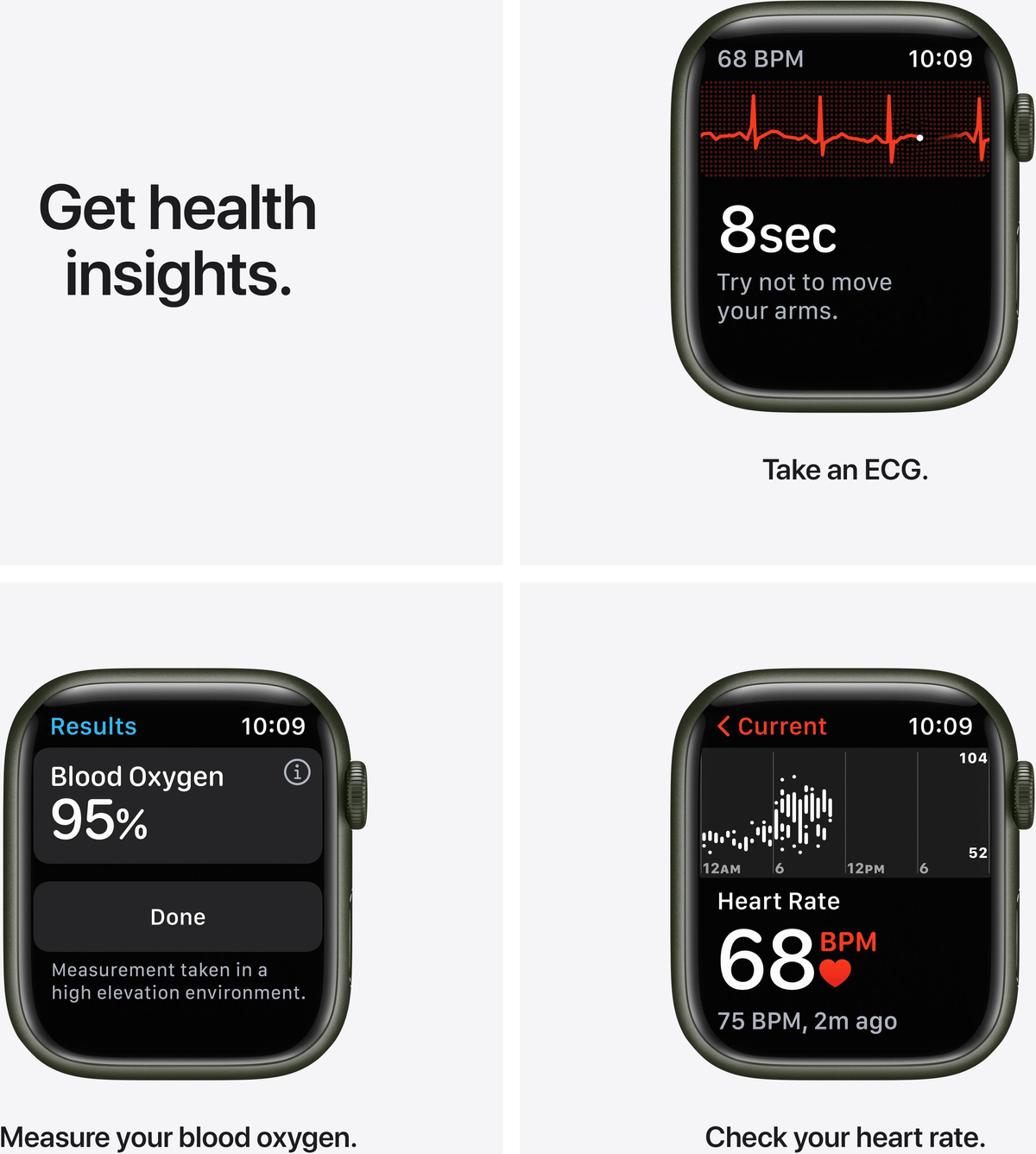 Vier Screenshots von einer Apple Watch, die Gesundheitsdaten wie EKG und Blutsauerstoff anzeigt.
