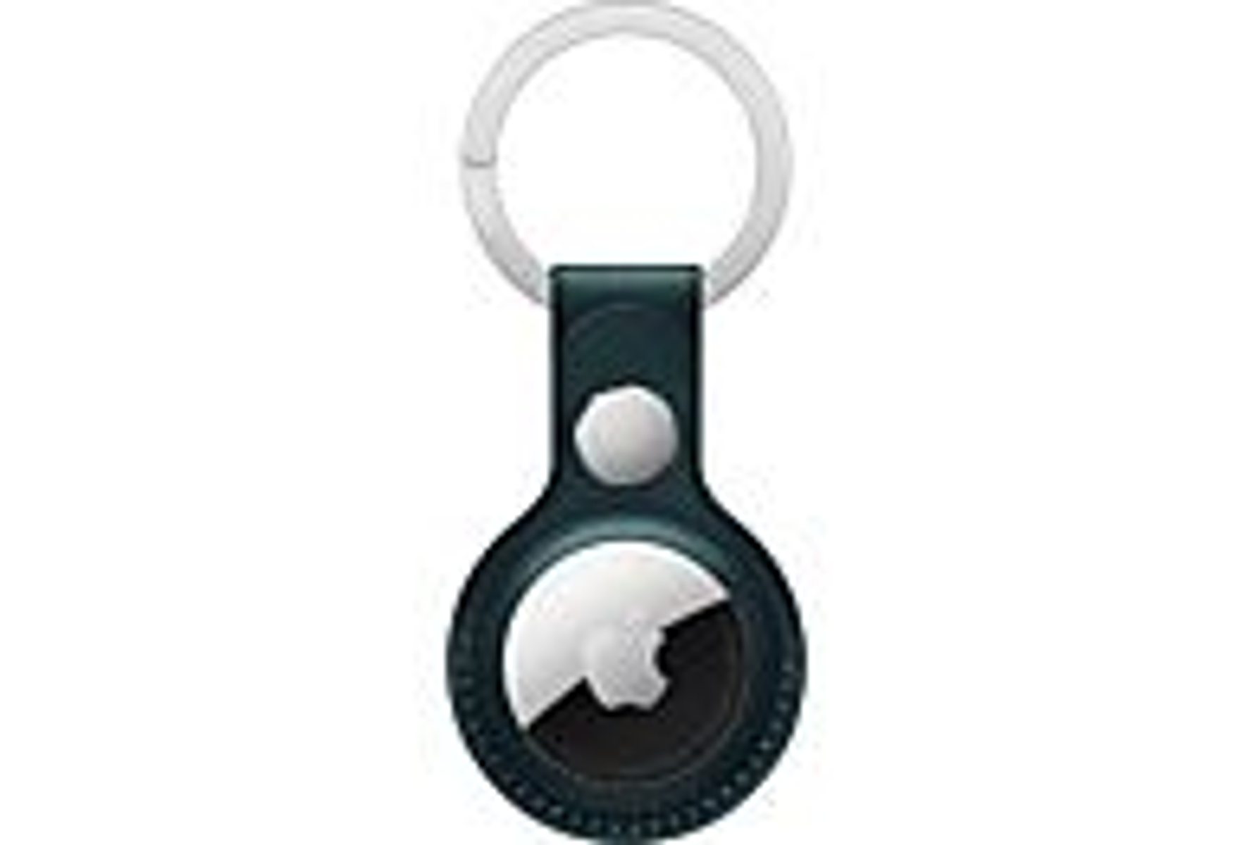 Dark teal AirTag keychain with a silver ring and a white Apple logo.