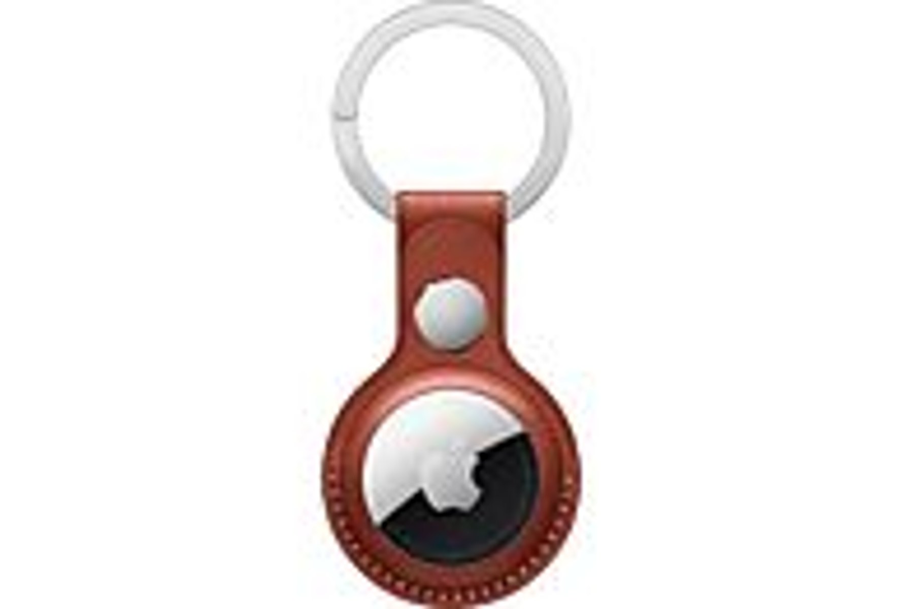 Red key finder with Apple logo. Silver ring for attachment, black and white details.
