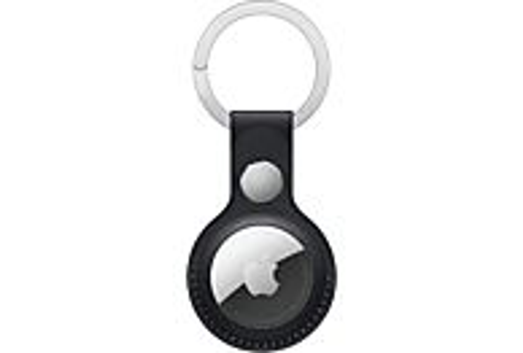 A black Apple AirTag on a keychain with a white background.