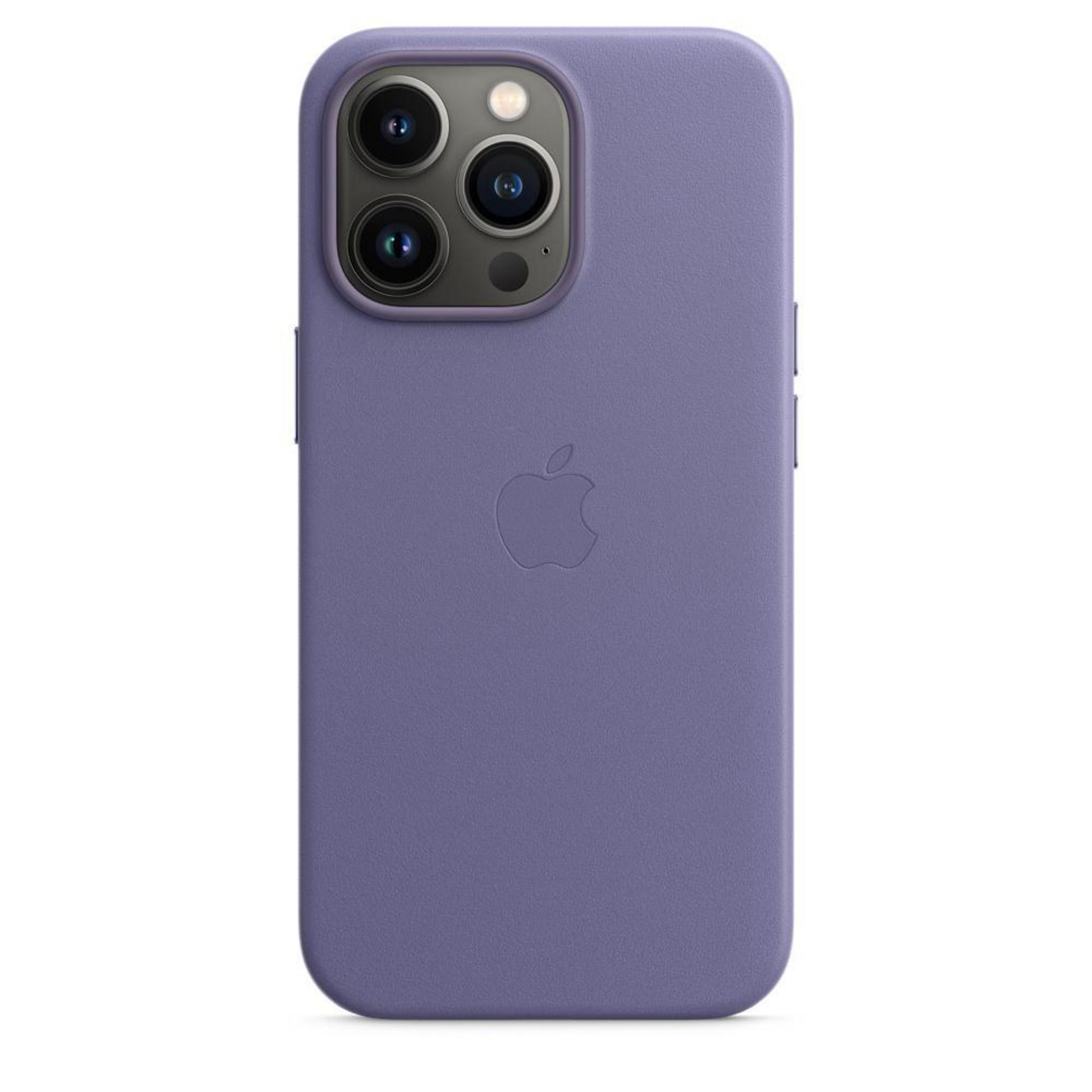 Paarse iPhone-hoes met het Apple-logo. De achterkant heeft uitsparingen voor de camera's.