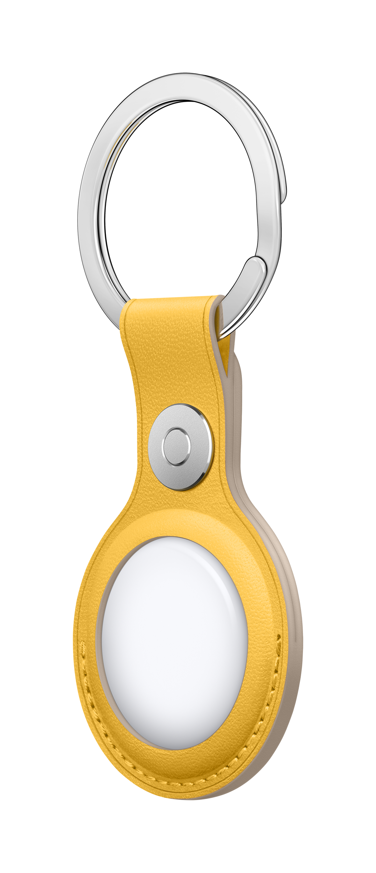 Gelber Leder-AirTag-Halter mit silbernem Ring. Sichtbarer, kreisförmiger Tracker.