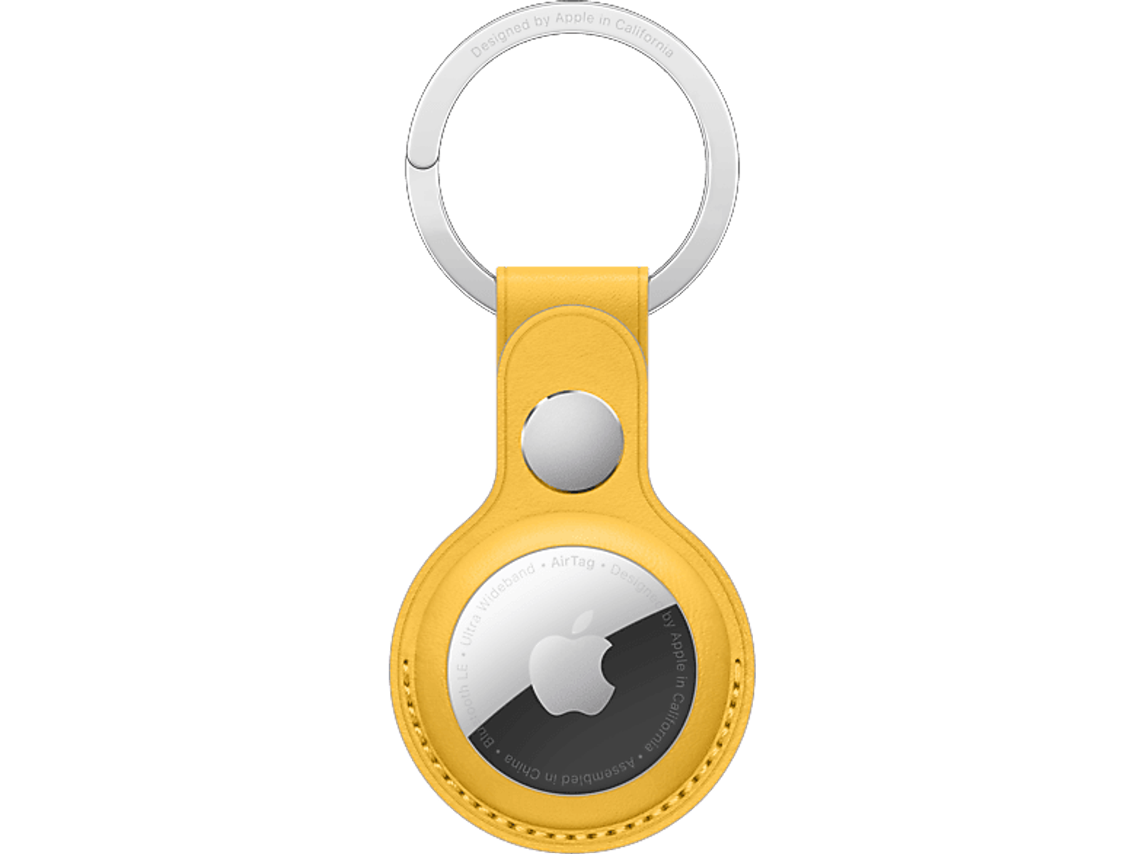 Gelbes Apple AirTag an einem Schlüsselring. Das AirTag hat eine weiße und silberne Oberfläche.