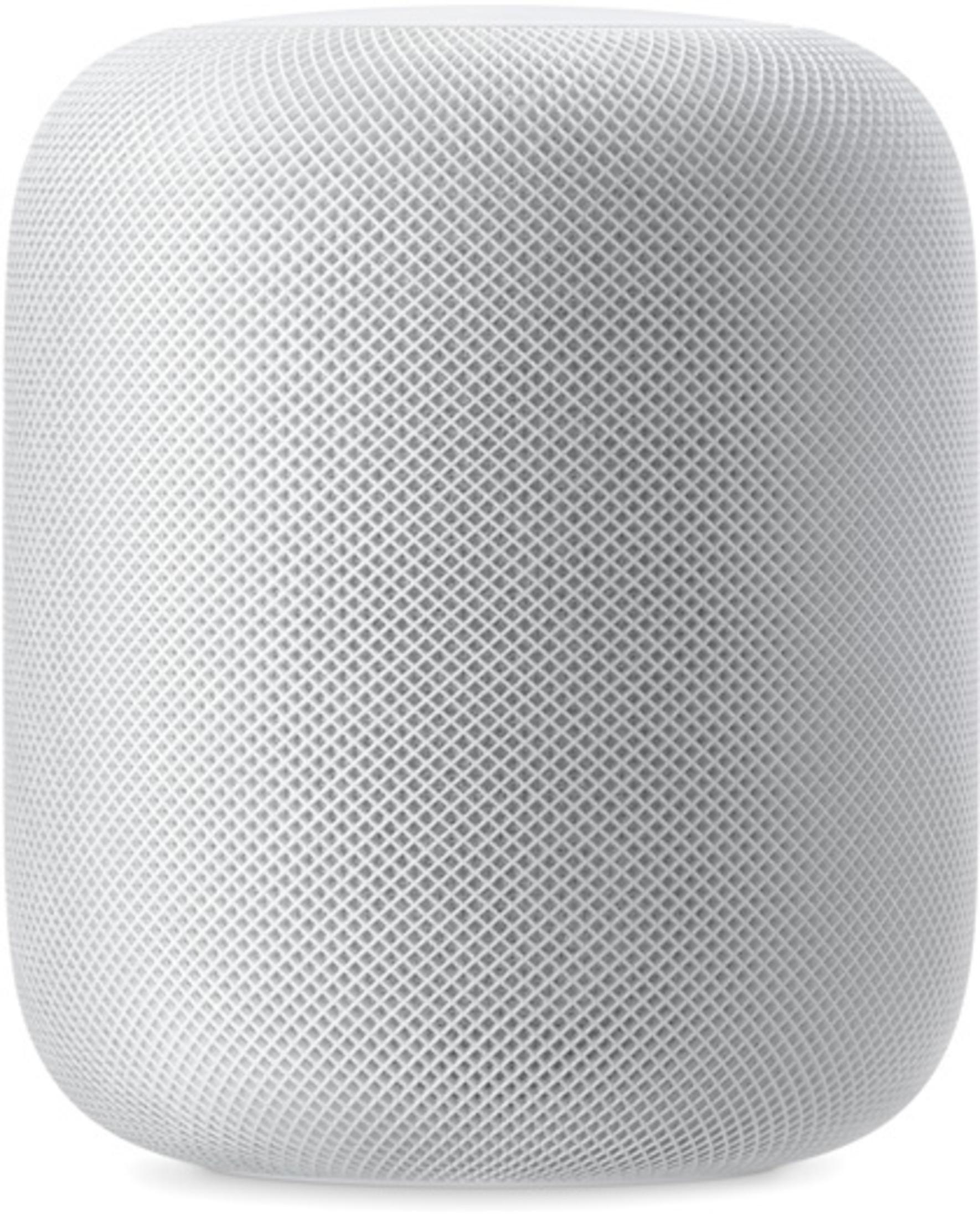 Weißer Apple HomePod-Lautsprecher. Zylindrische Form mit stoffartiger Textur, auf weißem Hintergrund.