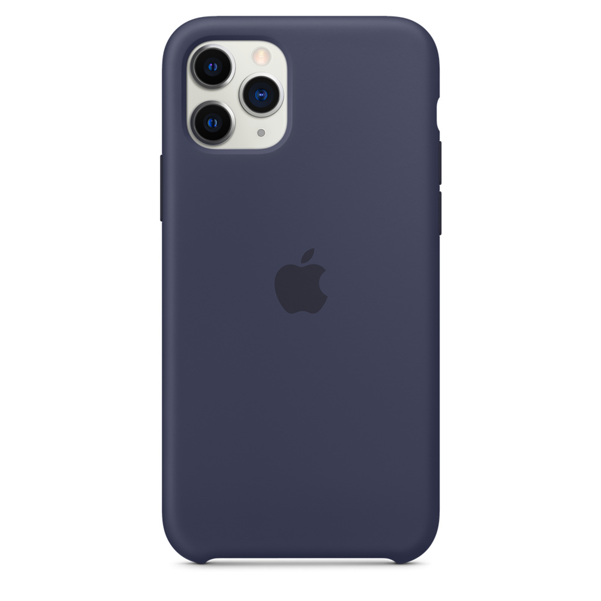 Een donkerblauwe siliconen telefoonhoes met het Apple-logo op een witte achtergrond.