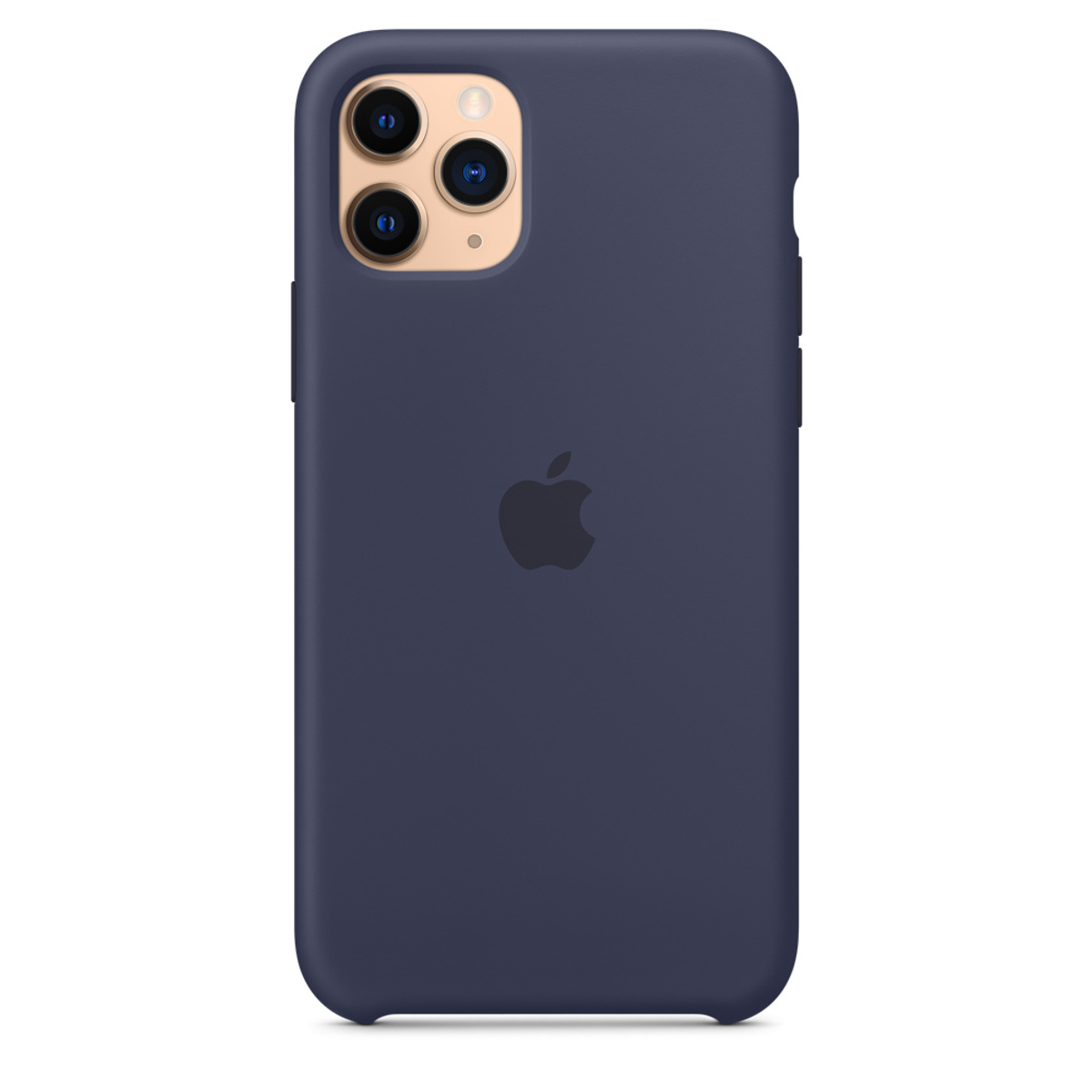 Donkerblauwe iPhone hoes, drie cameralenzen. Apple logo op de achterkant. Witte achtergrond.