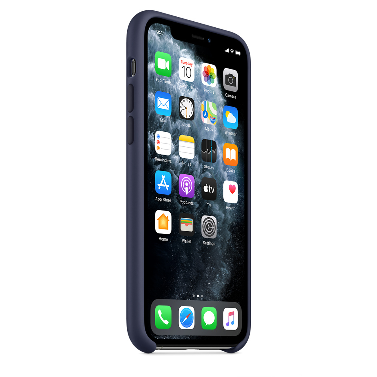 iPhone met een blauwe hoes. Het scherm toont app-iconen. Witte achtergrond, schuine weergave.