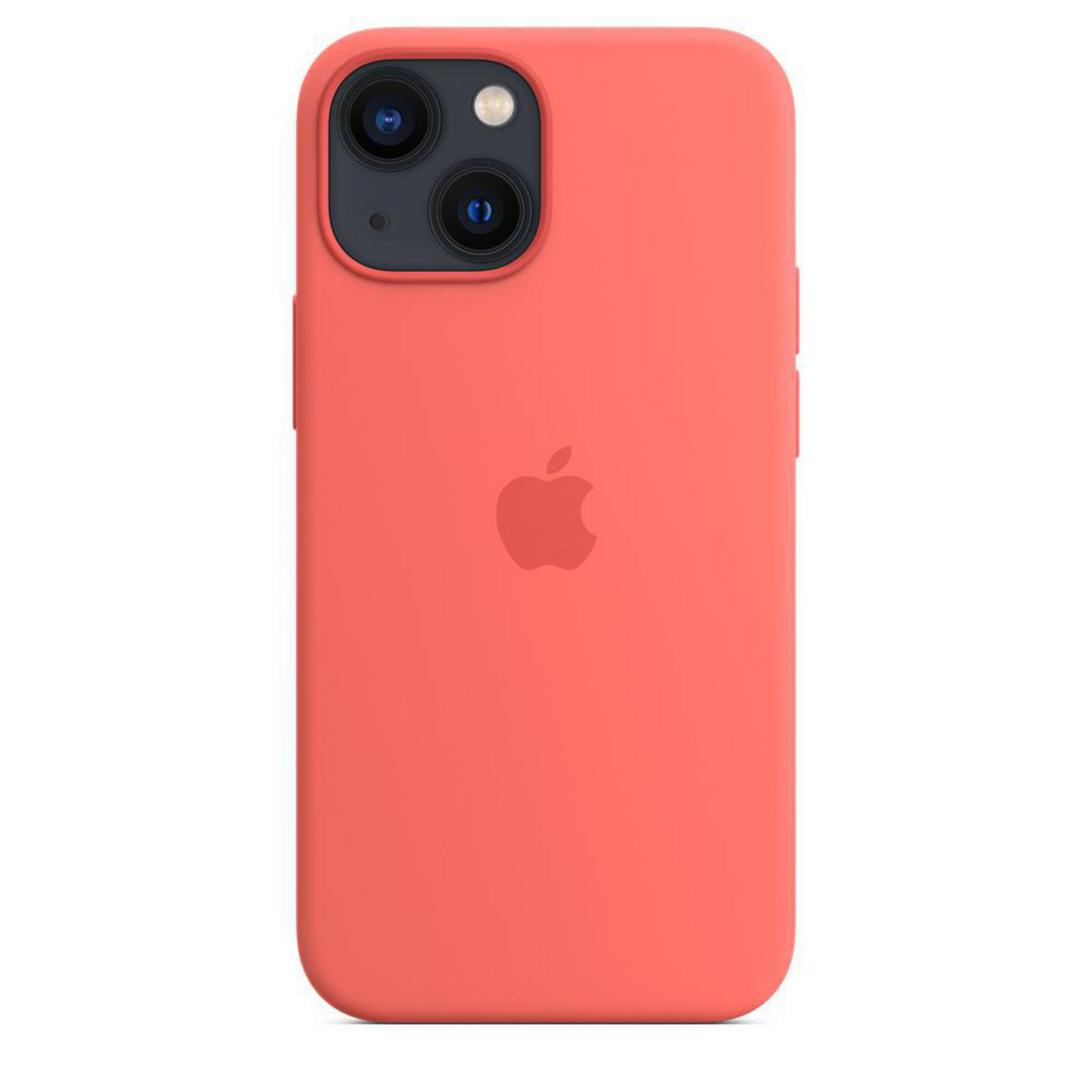 Een koraalkleurige telefoonhoes met een Apple-logo. De achterkant van de telefoonhoes is zichtbaar.