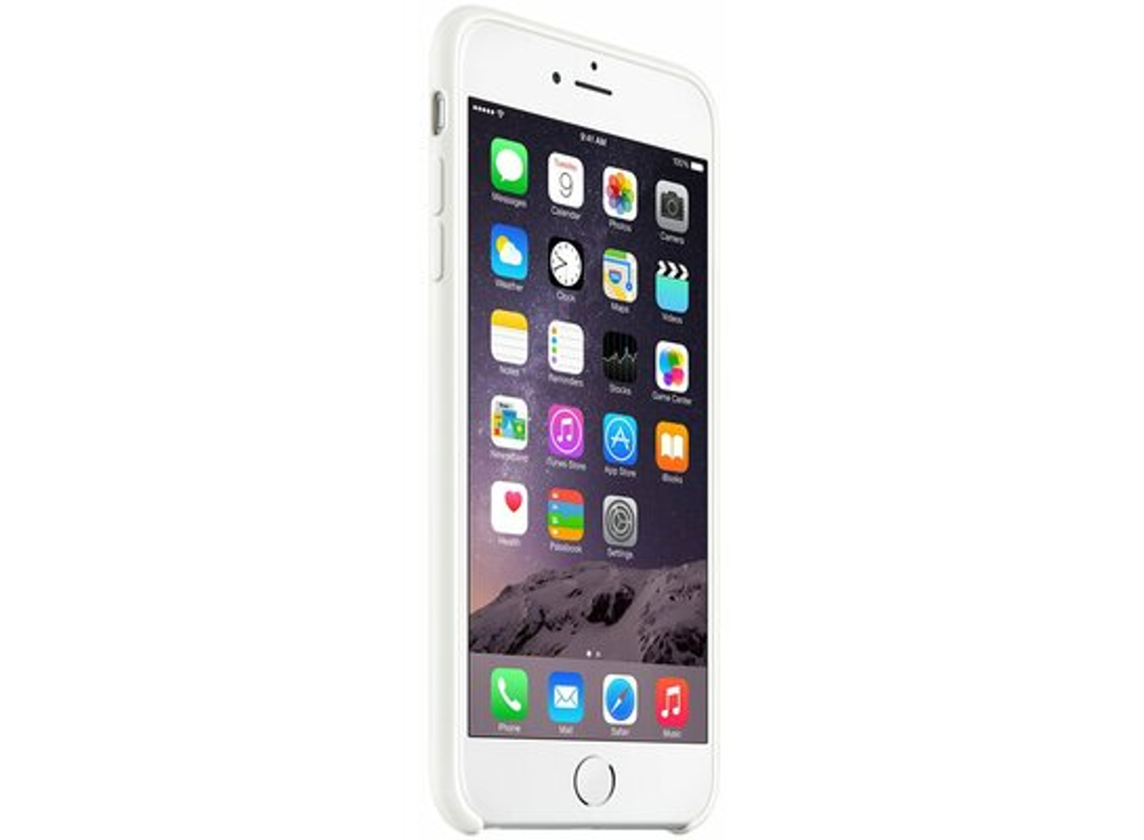iPhone in una custodia bianca, schermo acceso, che mostra le icone delle app. Mostra uno sfondo di montagna. Pulsanti visibili.