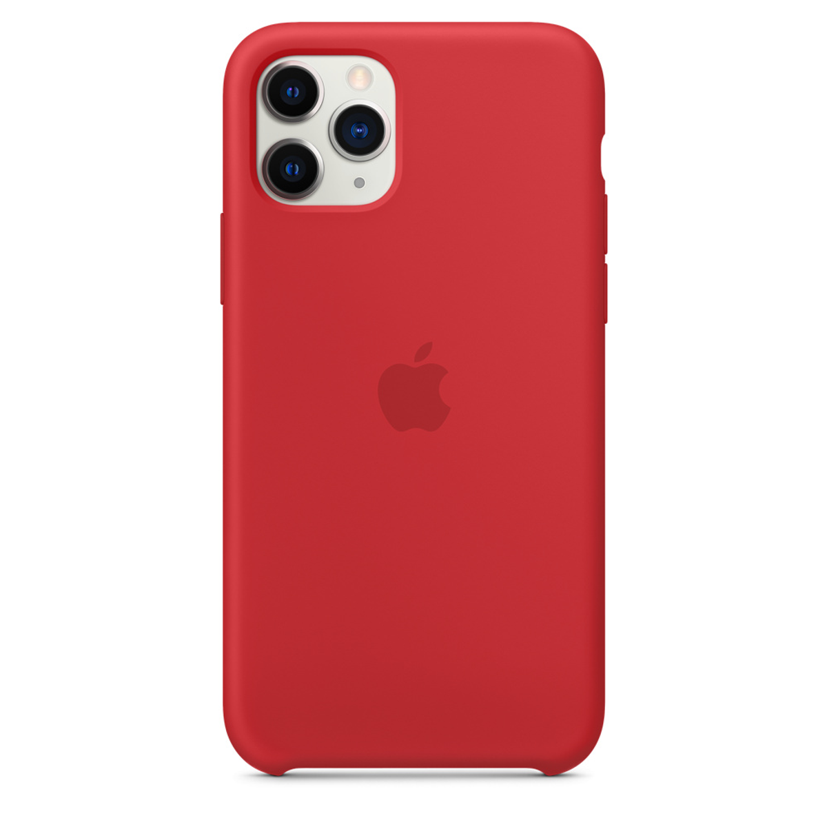 Funda roja para teléfono con el logo de Apple y tres cámaras.