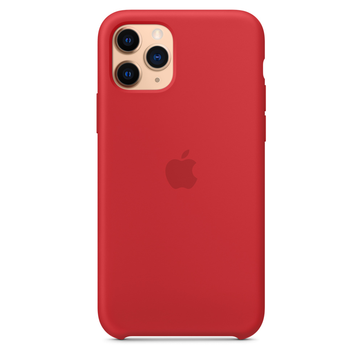 Funda roja para iPhone con tres lentes de cámara y el logotipo de Apple.
