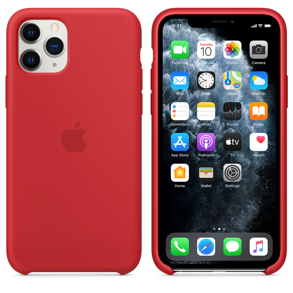 Funda roja para teléfono y iPhone. Pantalla del iPhone muestra iconos de aplicaciones. Logo Apple.