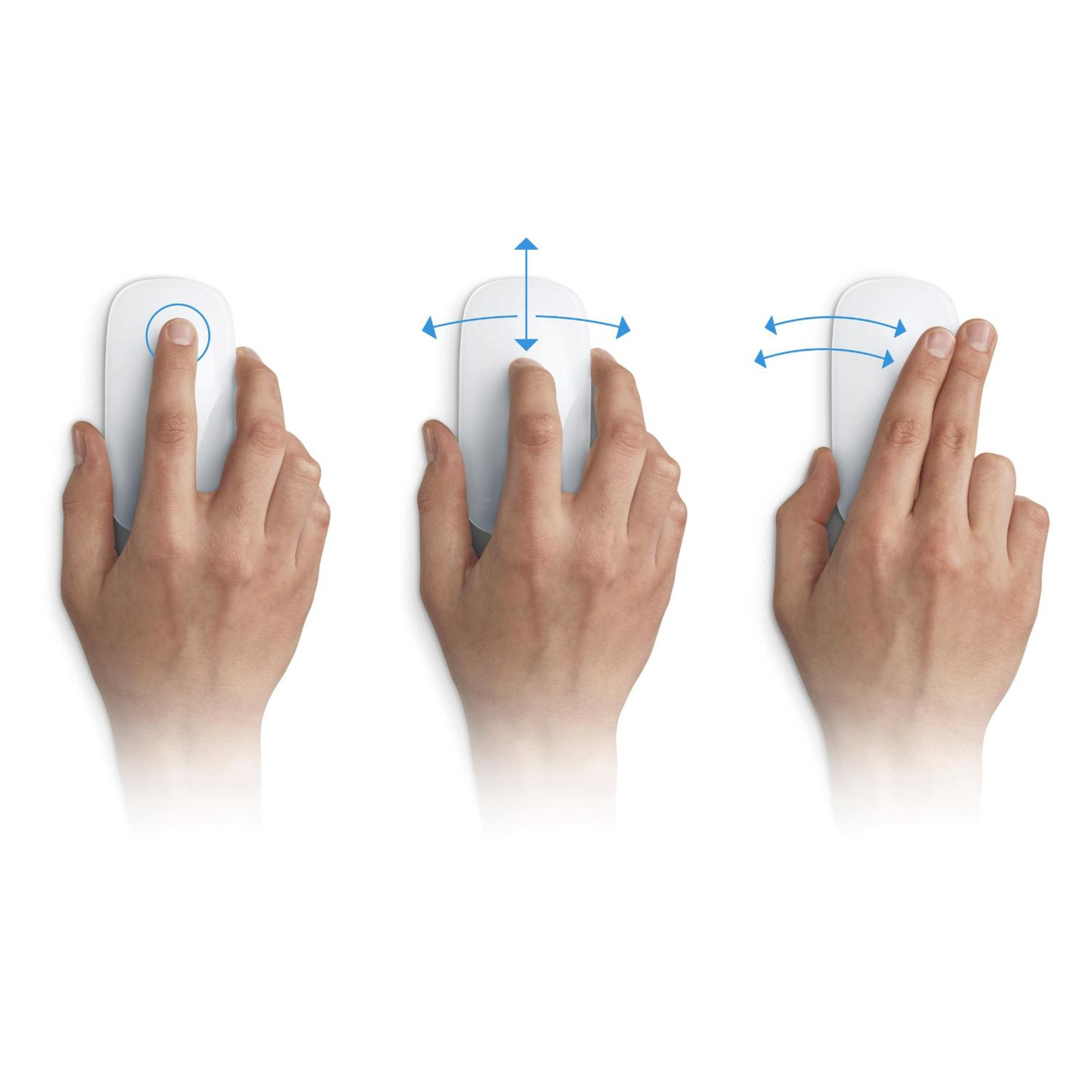 Hände benutzen eine weiße Apple-Maus. Fingergesten werden zur Interaktion gezeigt.