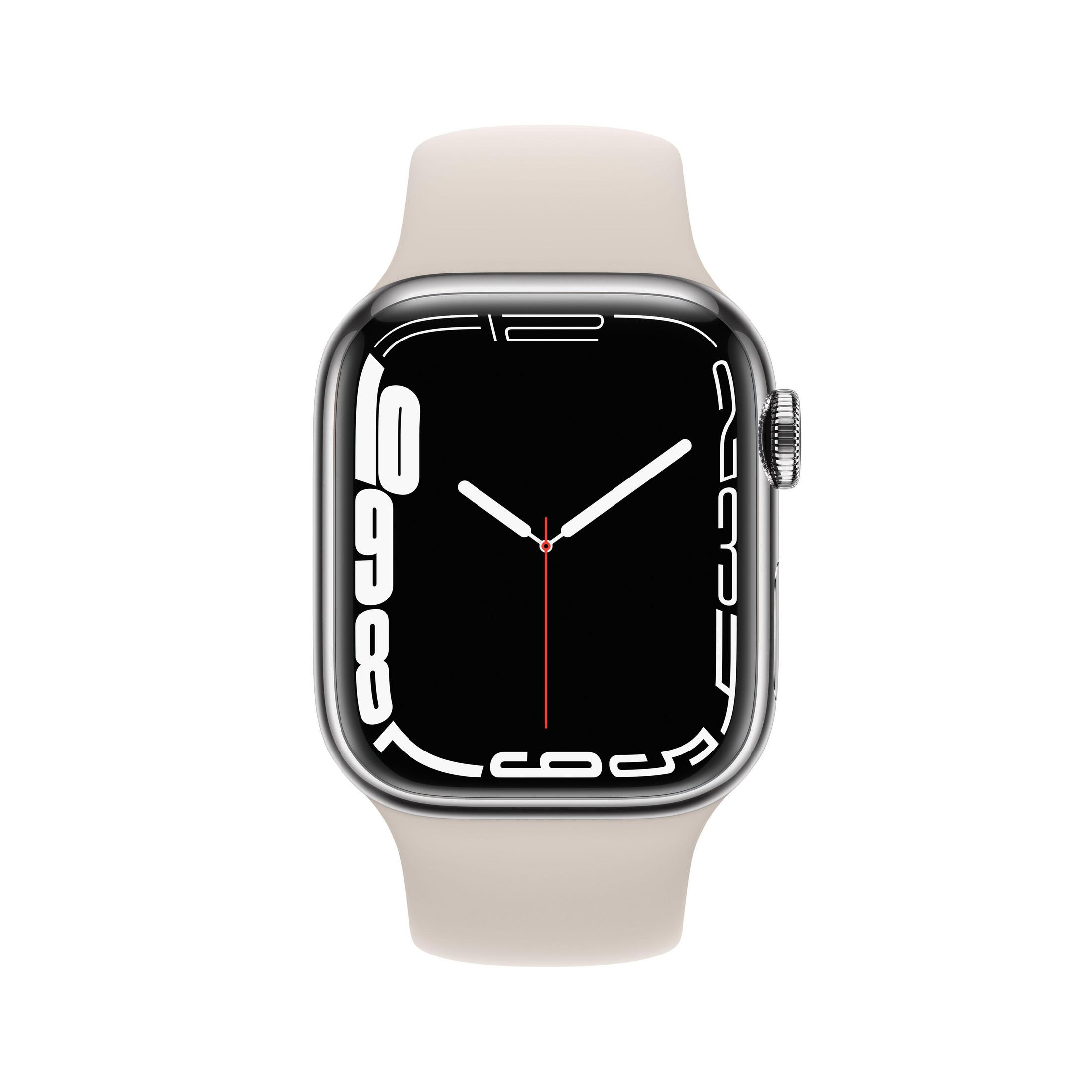 Silberne Apple Watch mit hellbeigem Armband, zeigt einen schwarzen Bildschirm mit weißen Indikatoren.