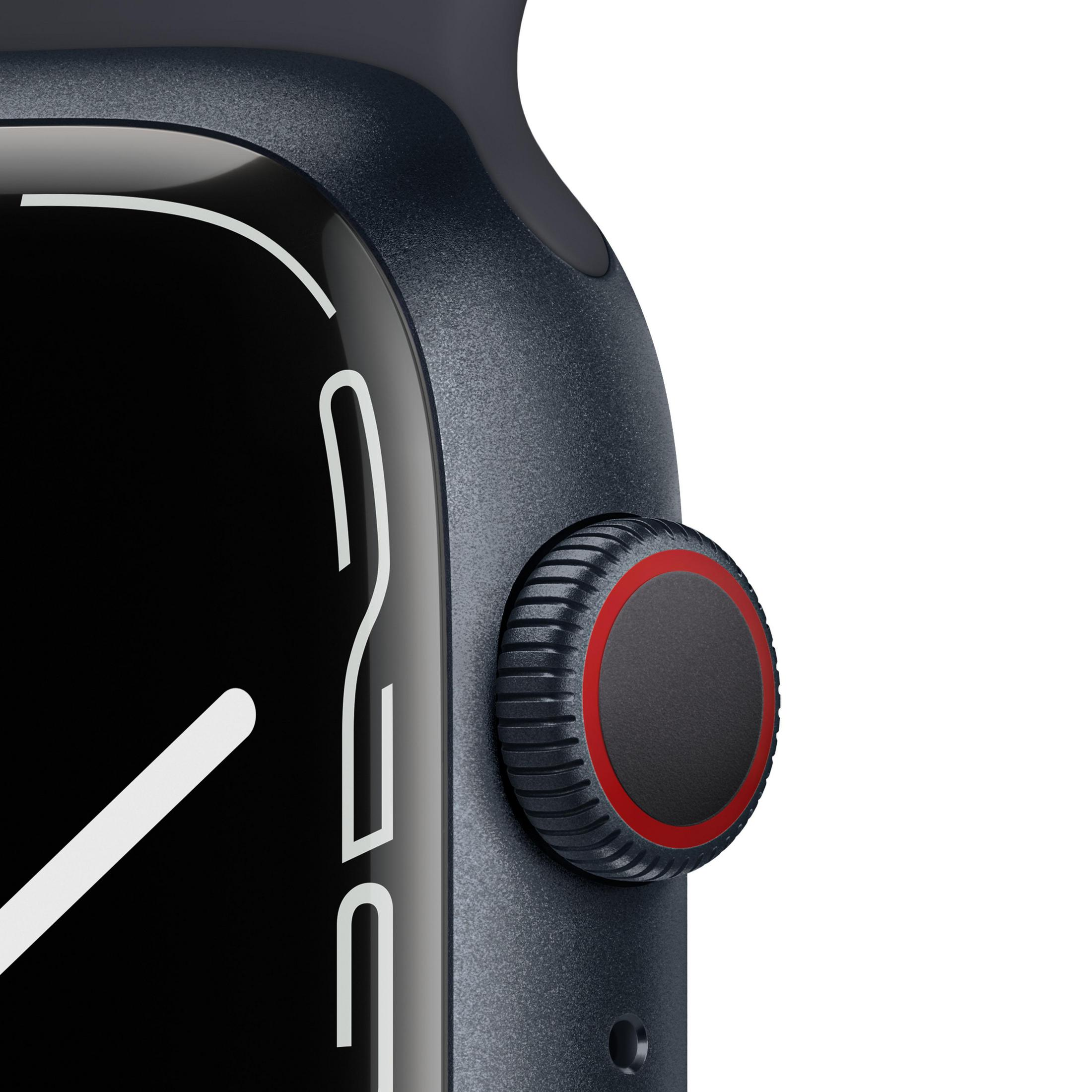 Nahaufnahme einer dunkelblauen Apple Watch, die die Seitentaste mit einem roten Ring zeigt.