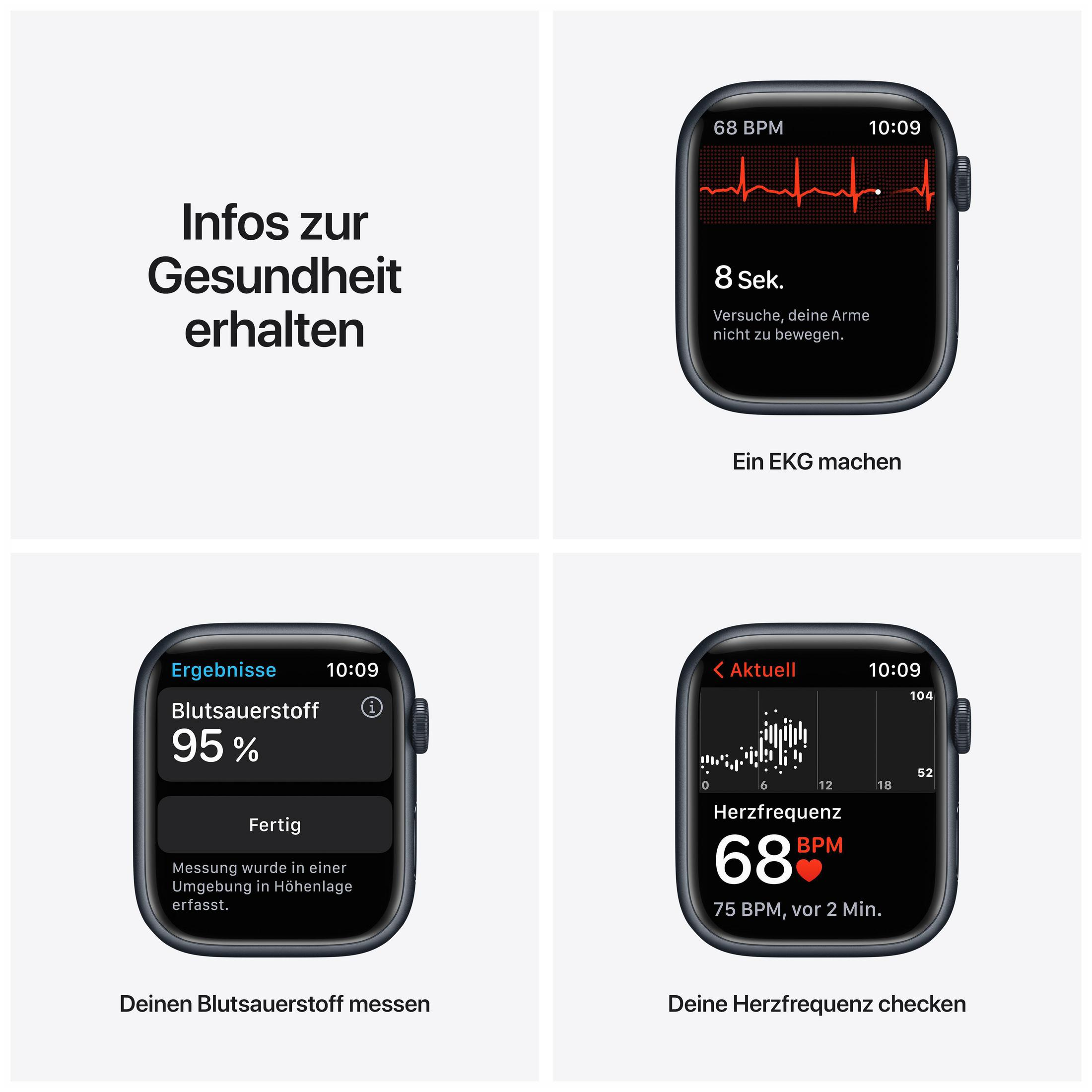 Vier Screenshots mit Gesundheitsfunktionen auf einer Apple Watch, einschließlich EKG und Blutsauerstoff.