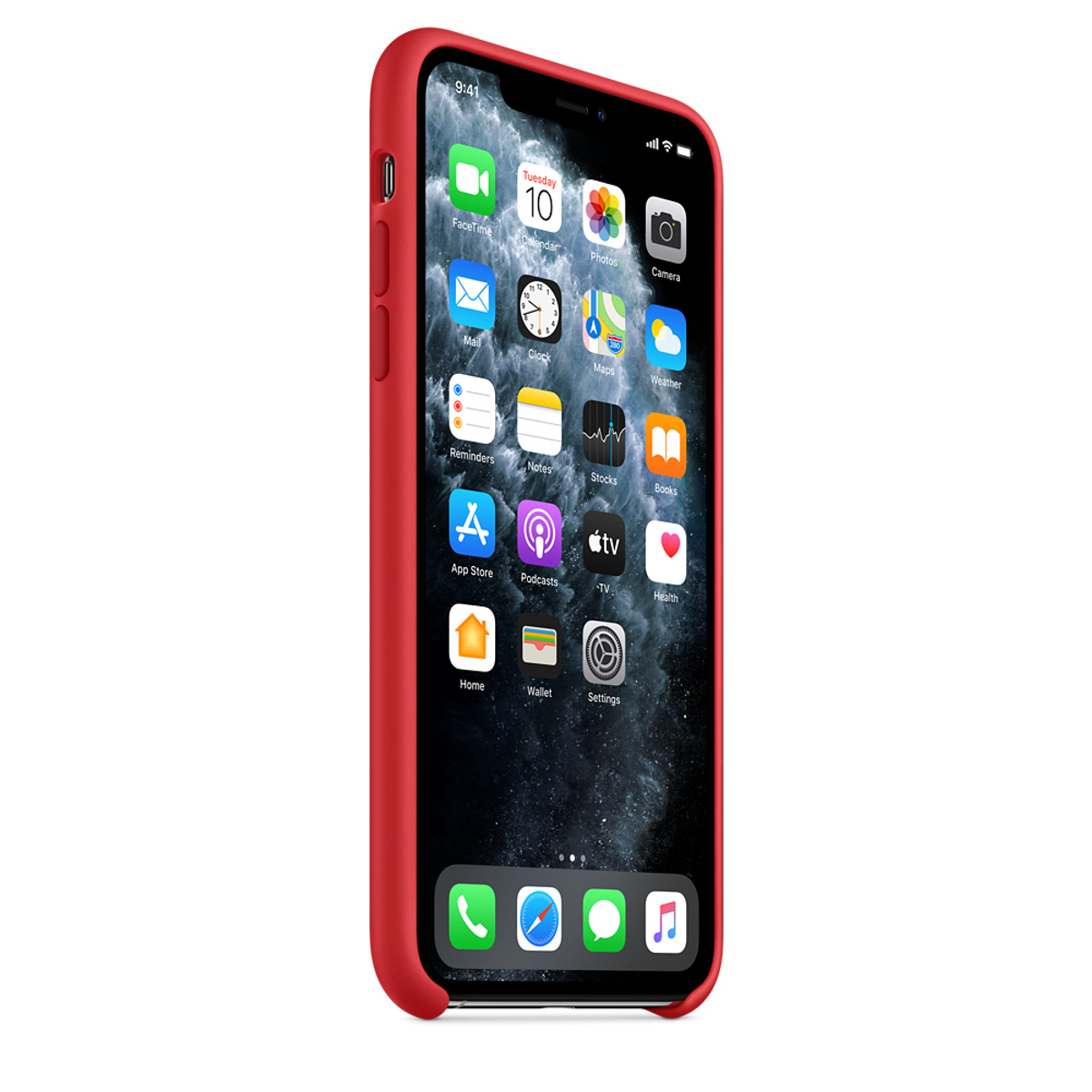 Coque de téléphone rouge et iPhone affichant des icônes d'applications. Vue latérale. Fond blanc.