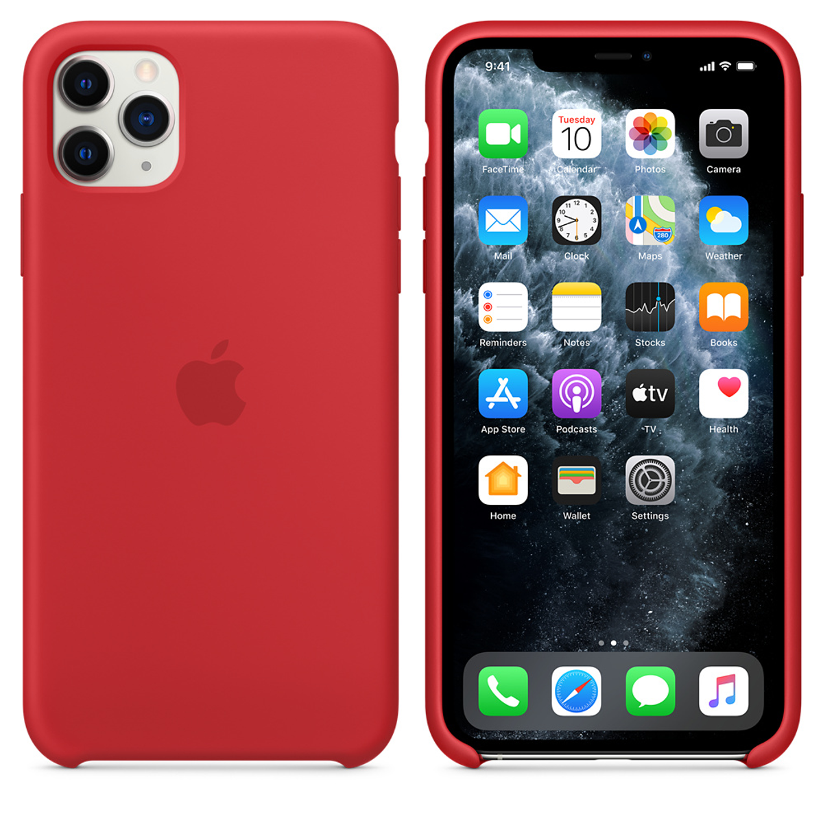 Coque de téléphone rouge, avant et arrière. Affiche l'écran du téléphone avec des applications. Logo Apple visible à l'arrière.