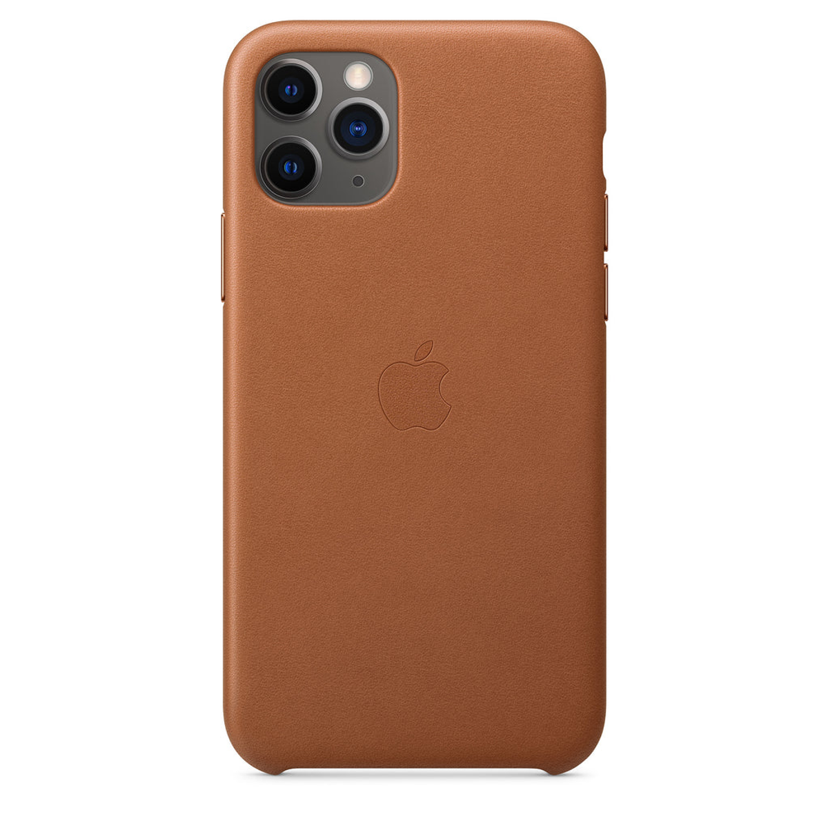 A brown leather iPhone case with an Apple logo, viewed from the back.