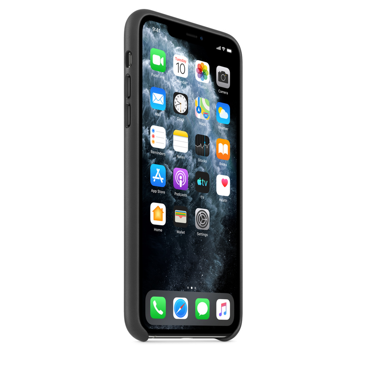 Un iPhone negro mostrando aplicaciones. Muestra apps como Cámara, App Store y Ajustes.
