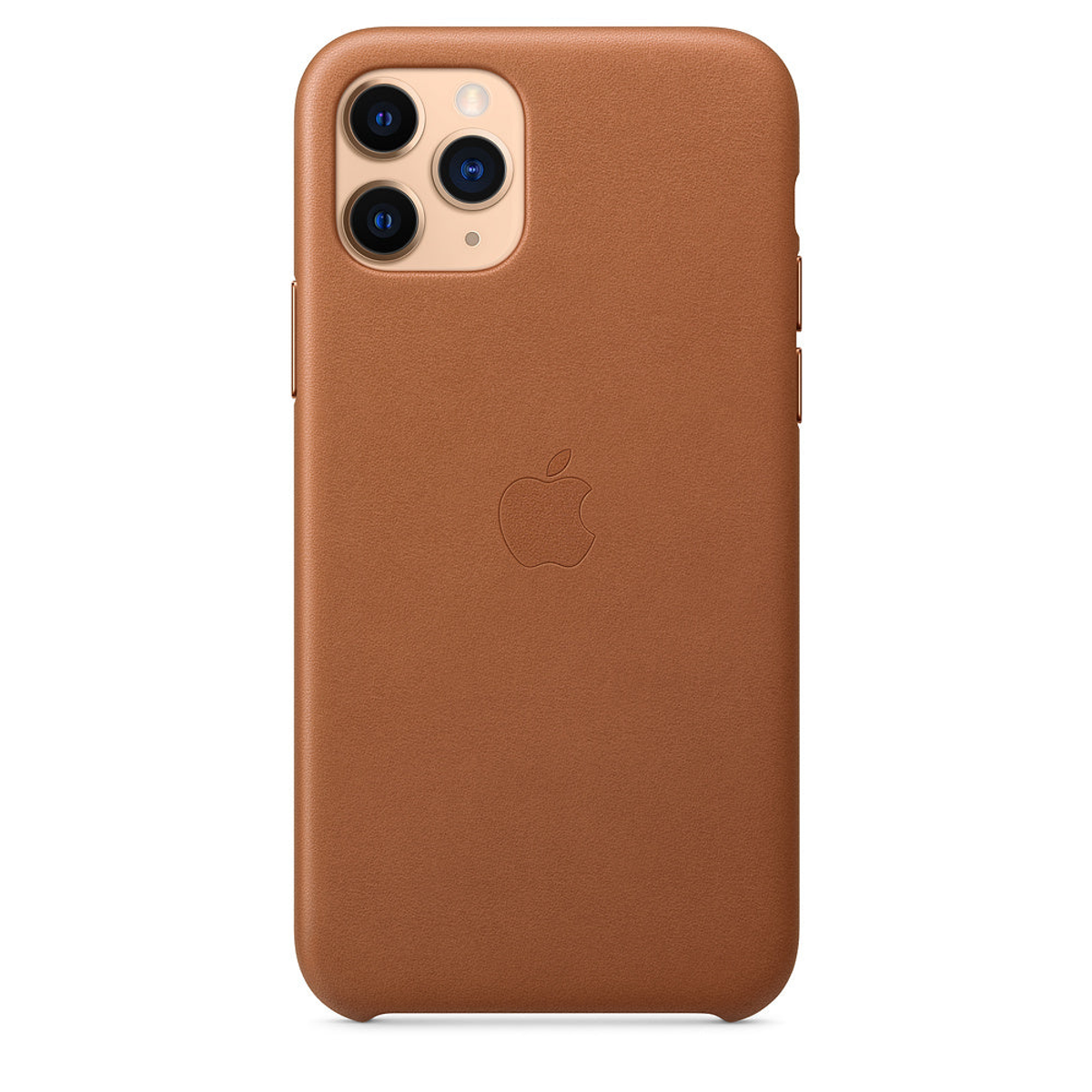 Brown leather iPhone case with an Apple logo on the back and camera lenses visible.