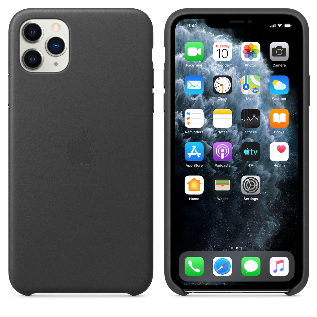 iPhone negro en una funda, mostrando la parte trasera con el logo de Apple y la pantalla con iconos.