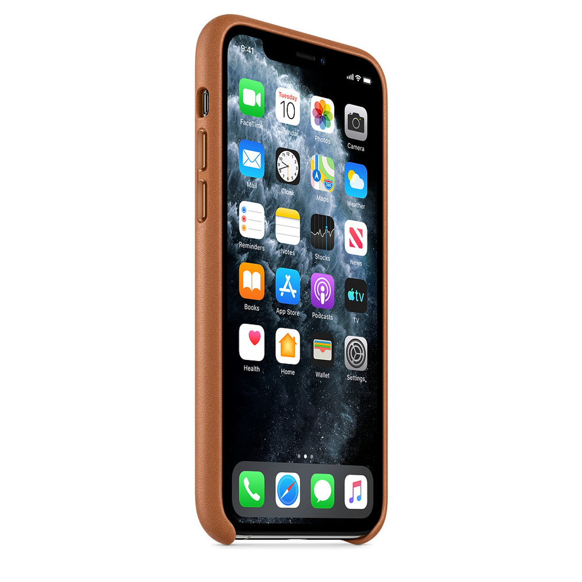 Close-up of an iPhone with a brown leather case, showing the home screen icons.