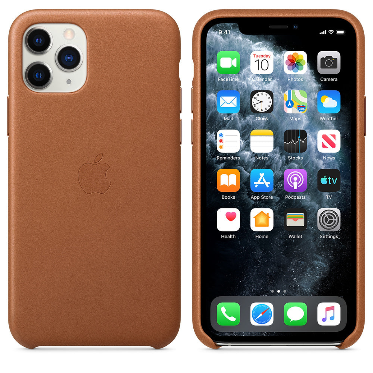 A brown leather phone case with a phone inside. The phone displays apps, including calendar and camera.