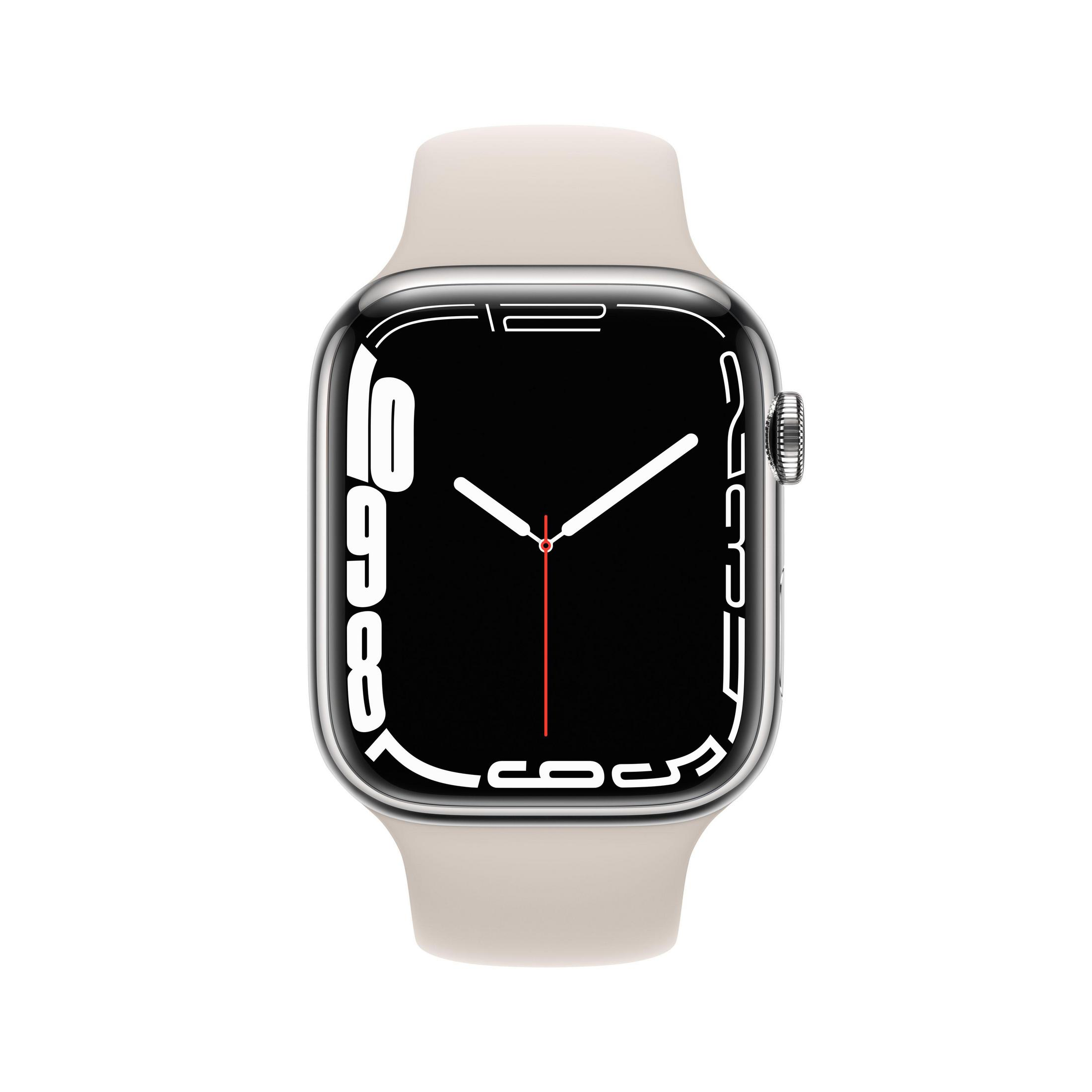 Un Apple Watch argentato con schermo nero e cinturino beige. L'ora è visualizzata sullo schermo.
