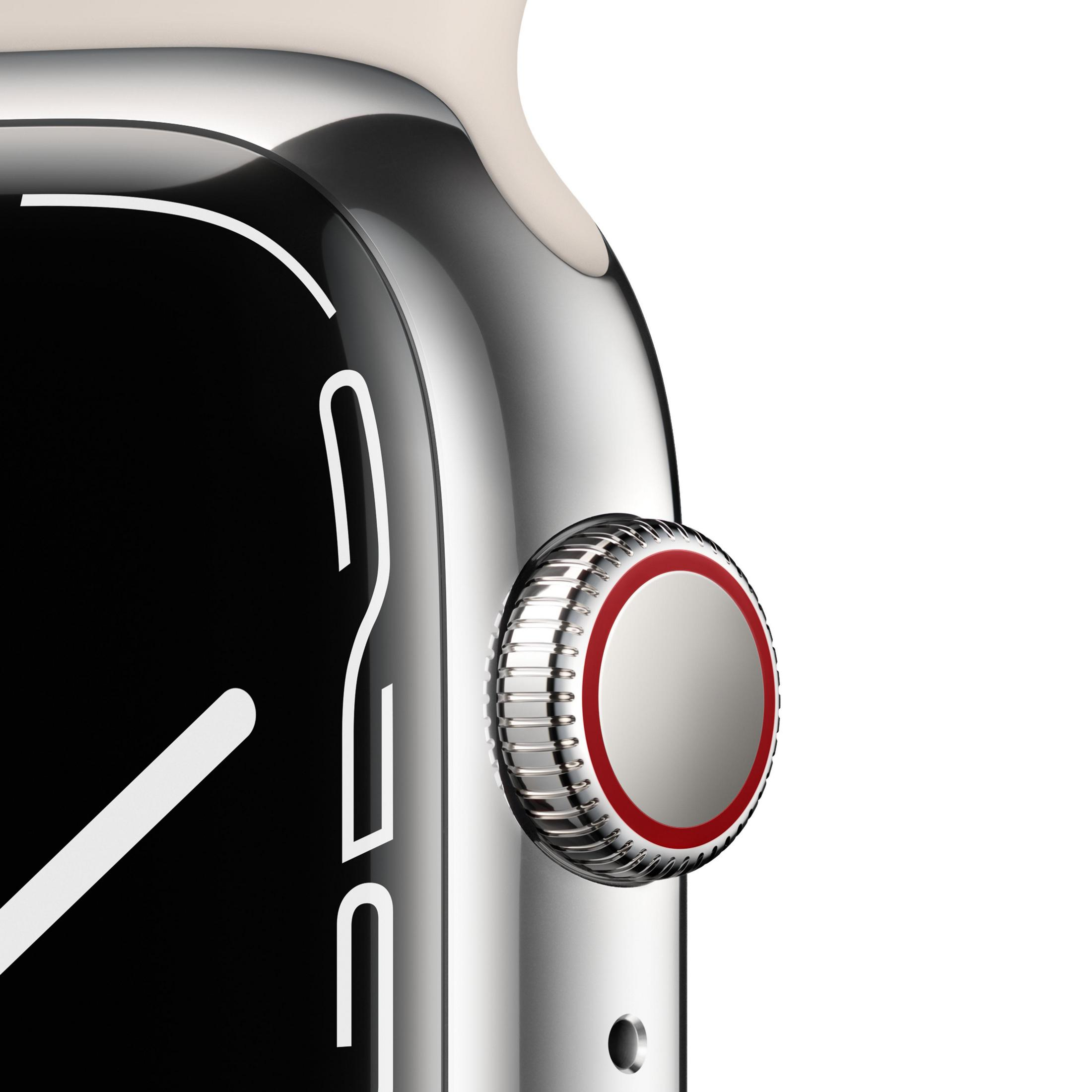 Apple Watch. Orologio argento, display nero. Corona digitale con dettaglio rosso. Cinturino bianco. Sfondo bianco.