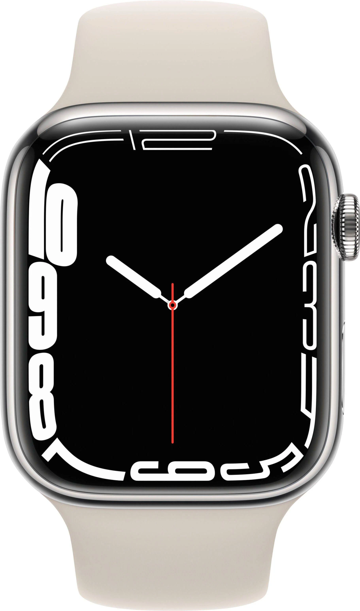Apple Watch Serie 7 con cinturino bianco, schermo nero e numeri bianchi.