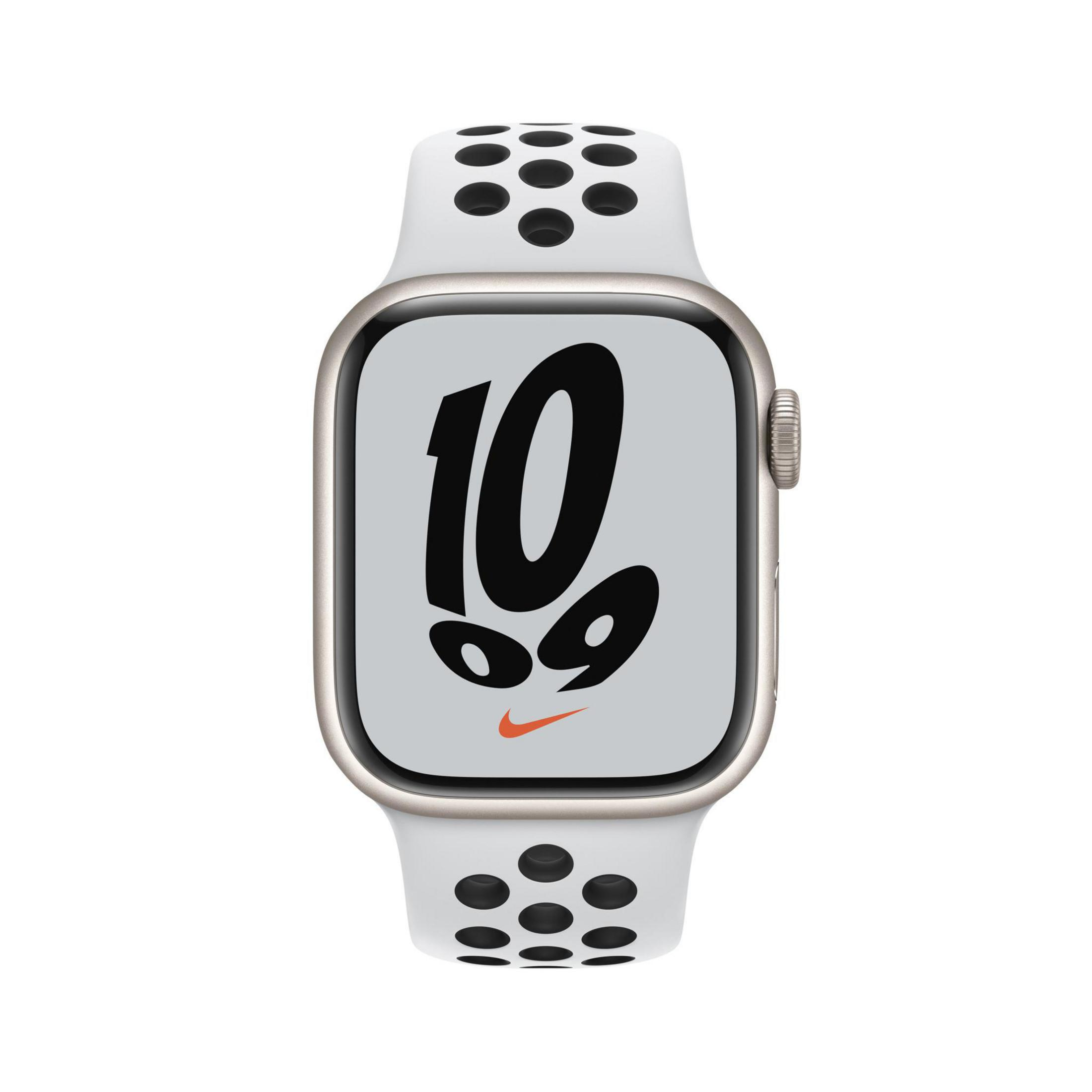 Weiße Nike Apple Watch mit schwarzen Punkten und hellgrauem Bildschirm mit der Zahl 10 und Nike-Logo.
