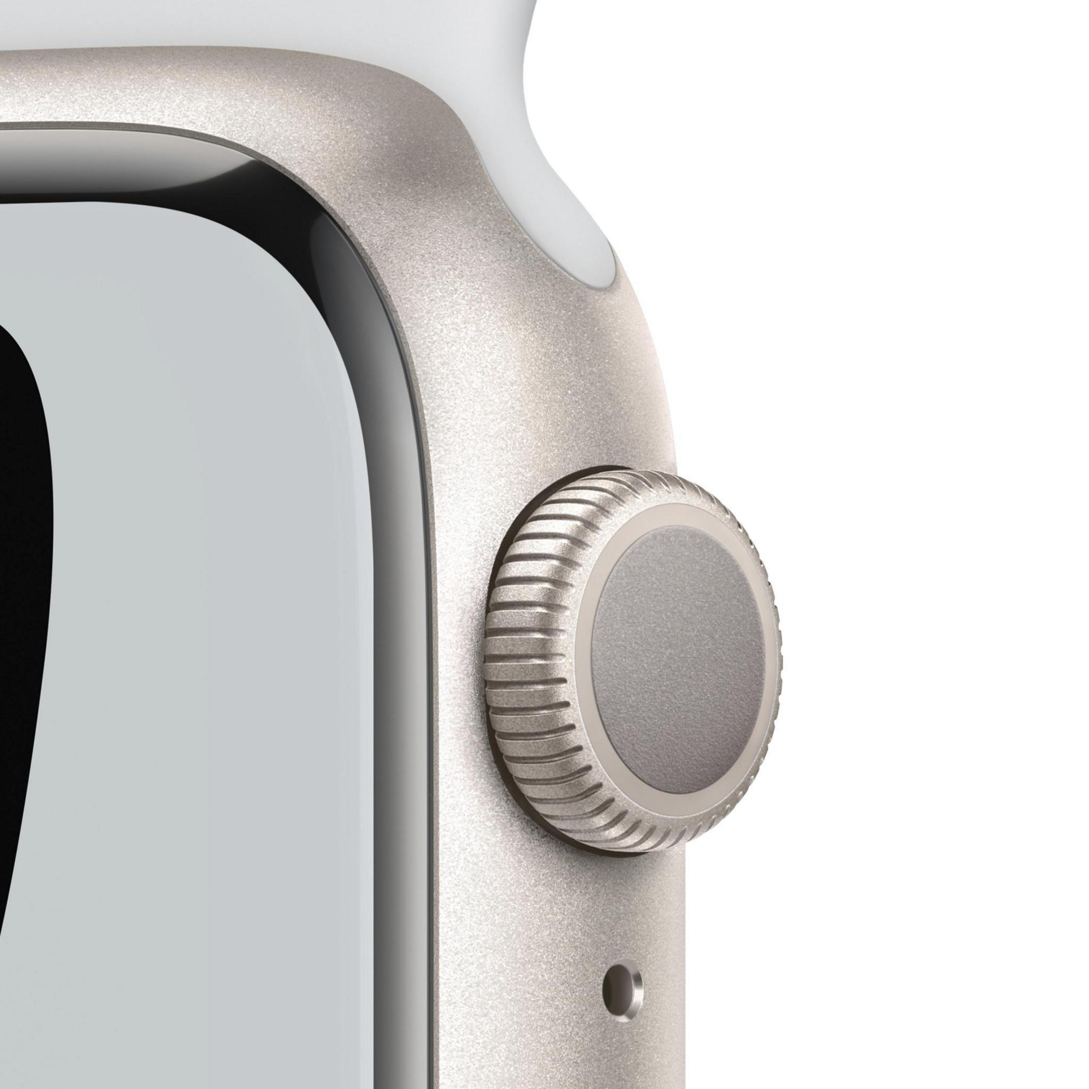 Nahaufnahme einer Smartwatch mit Metallrahmen und grauer Taste. Weißer Hintergrund.