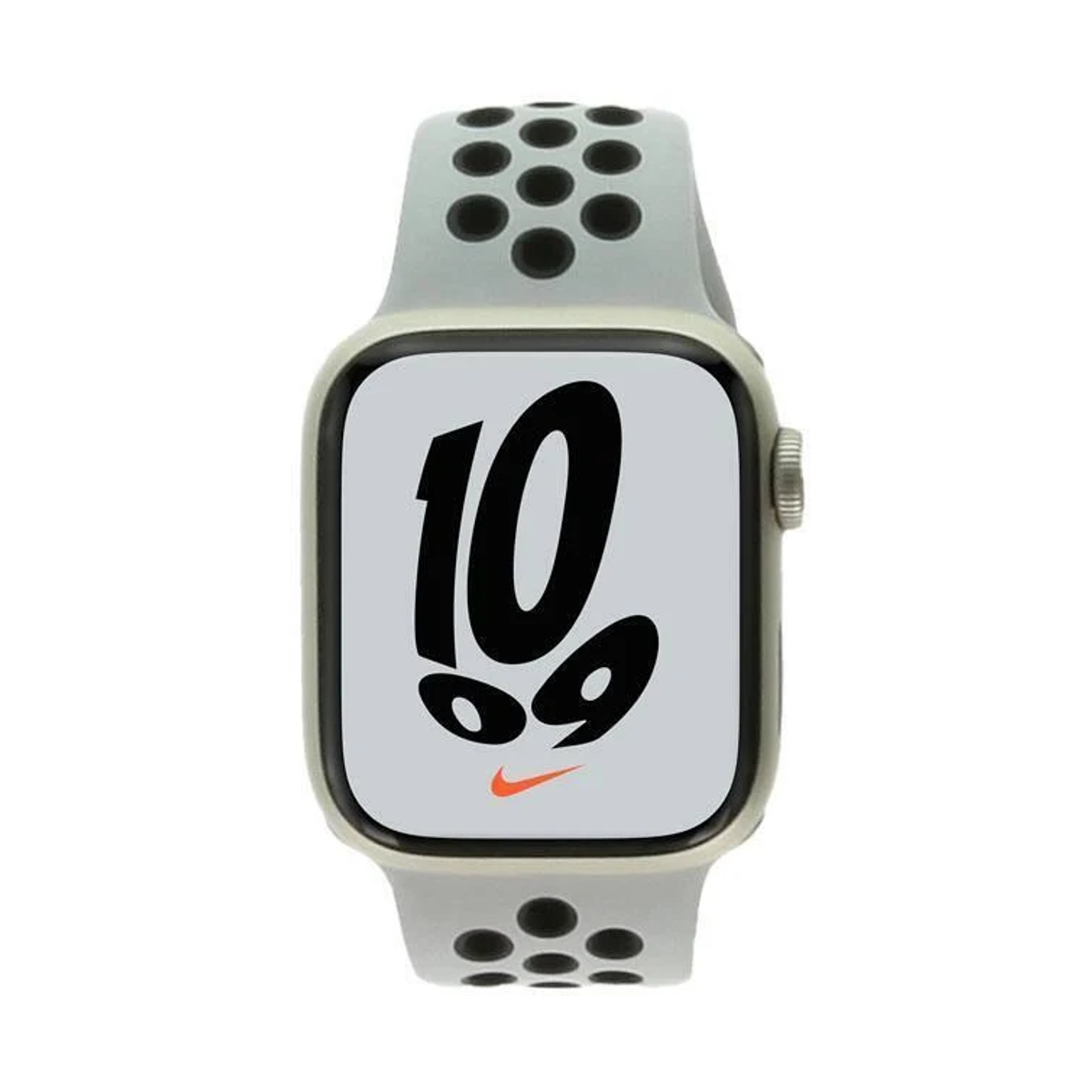 Graue Nike Apple Watch mit schwarzen Punkten und hellgrauem Bildschirm mit der Zahl 10 und Nike-Logo.