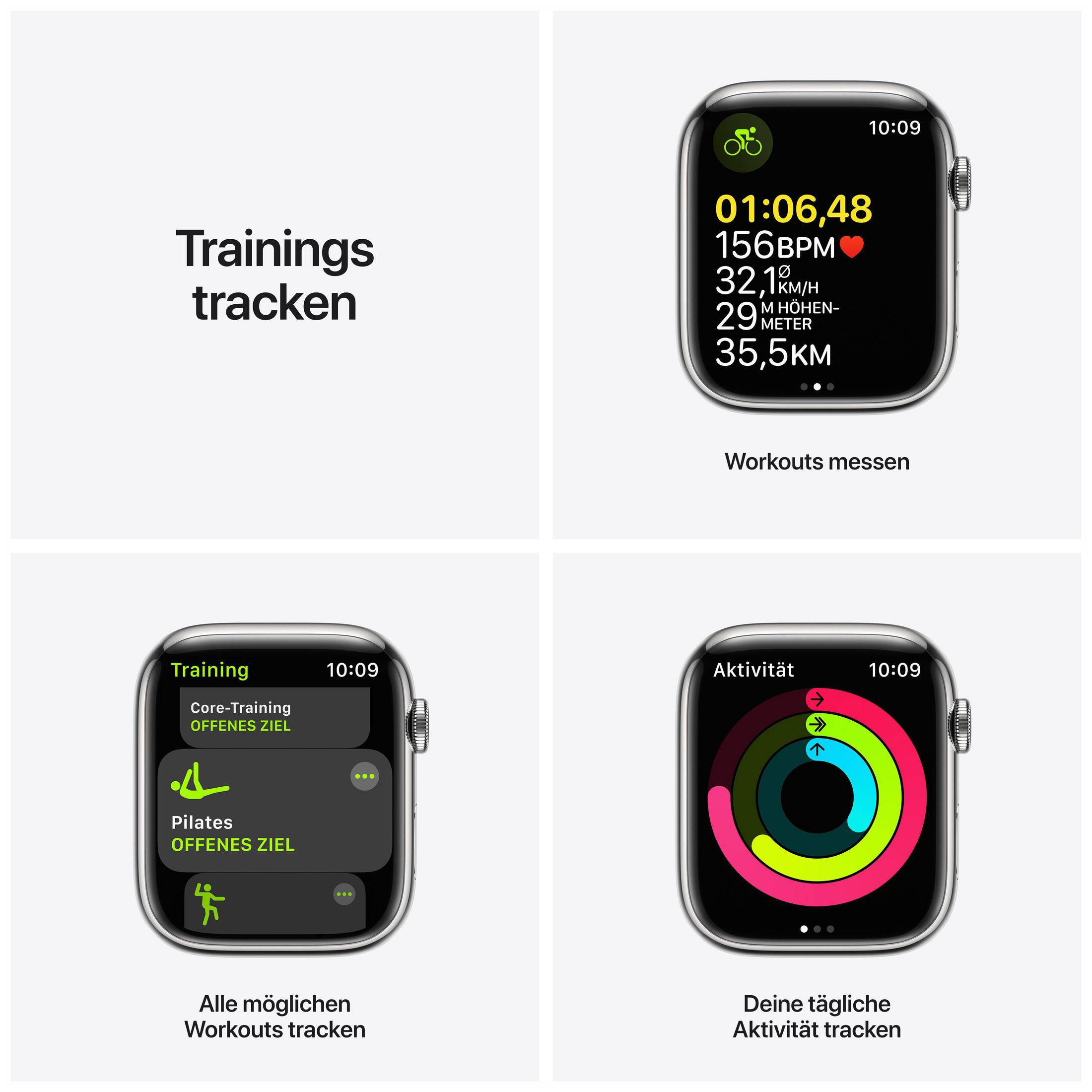 Schermo Apple Watch con dati fitness. Opzioni di allenamento e anelli di attività mostrati.