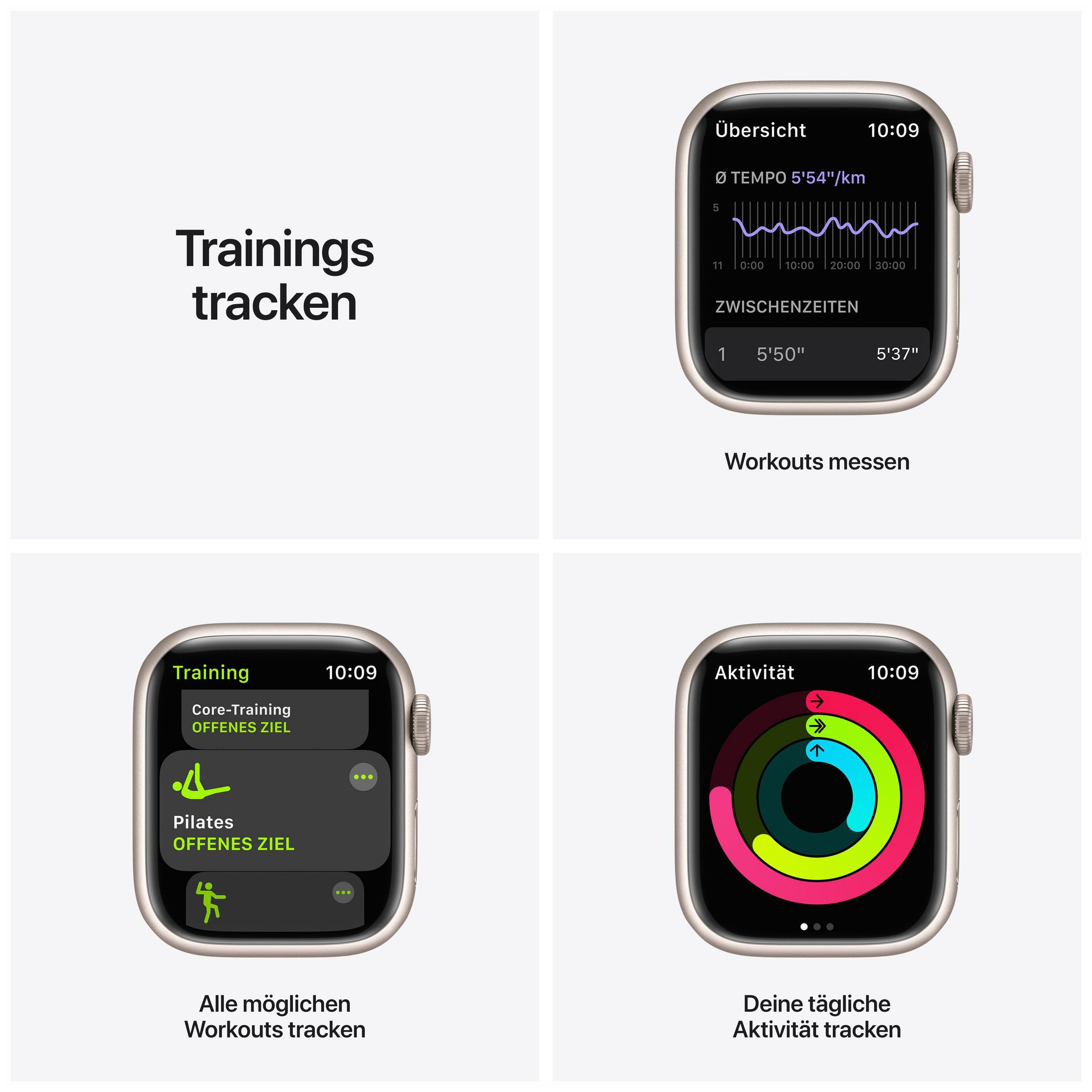 Vier Bilder, die die Trainings-Tracking-Funktionen der Apple Watch zeigen, einschließlich Workouts und Aktivitätsringe.