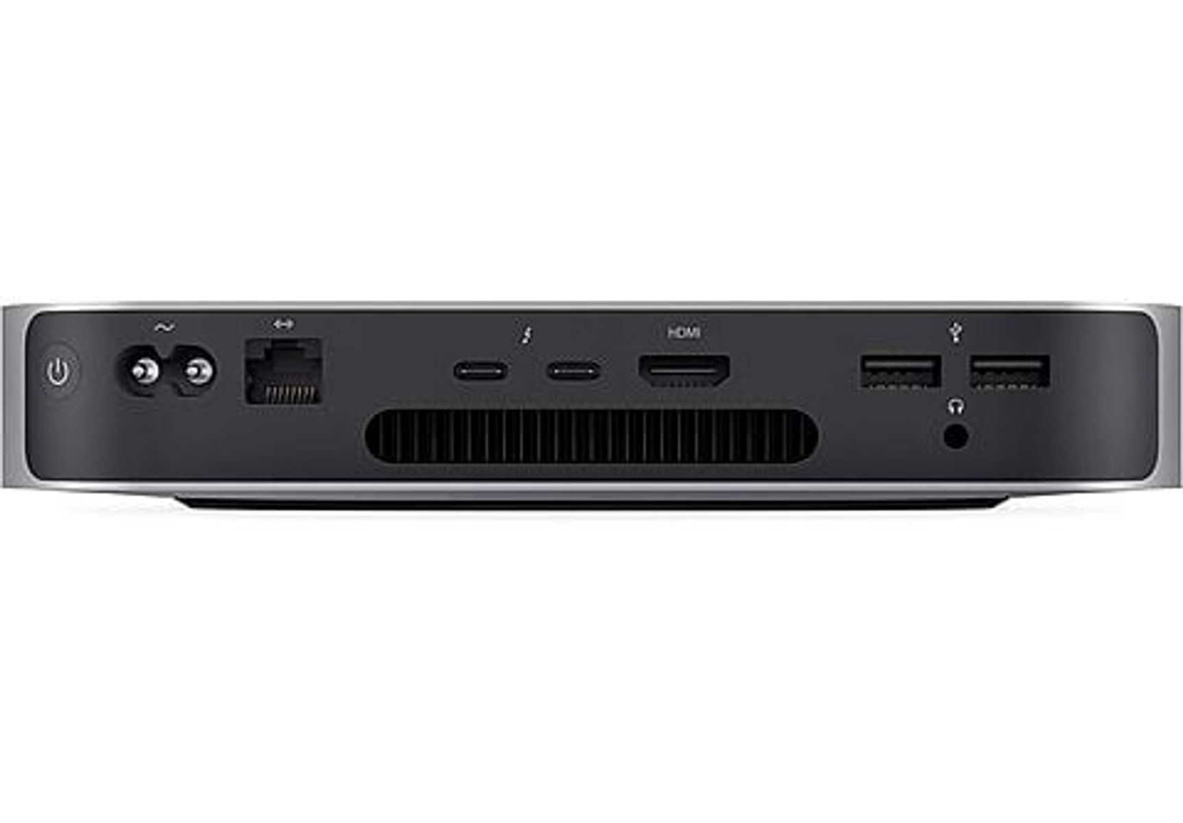 Parte trasera del Apple Mac mini. Puertos visibles. Alimentación, ethernet, HDMI y USB.