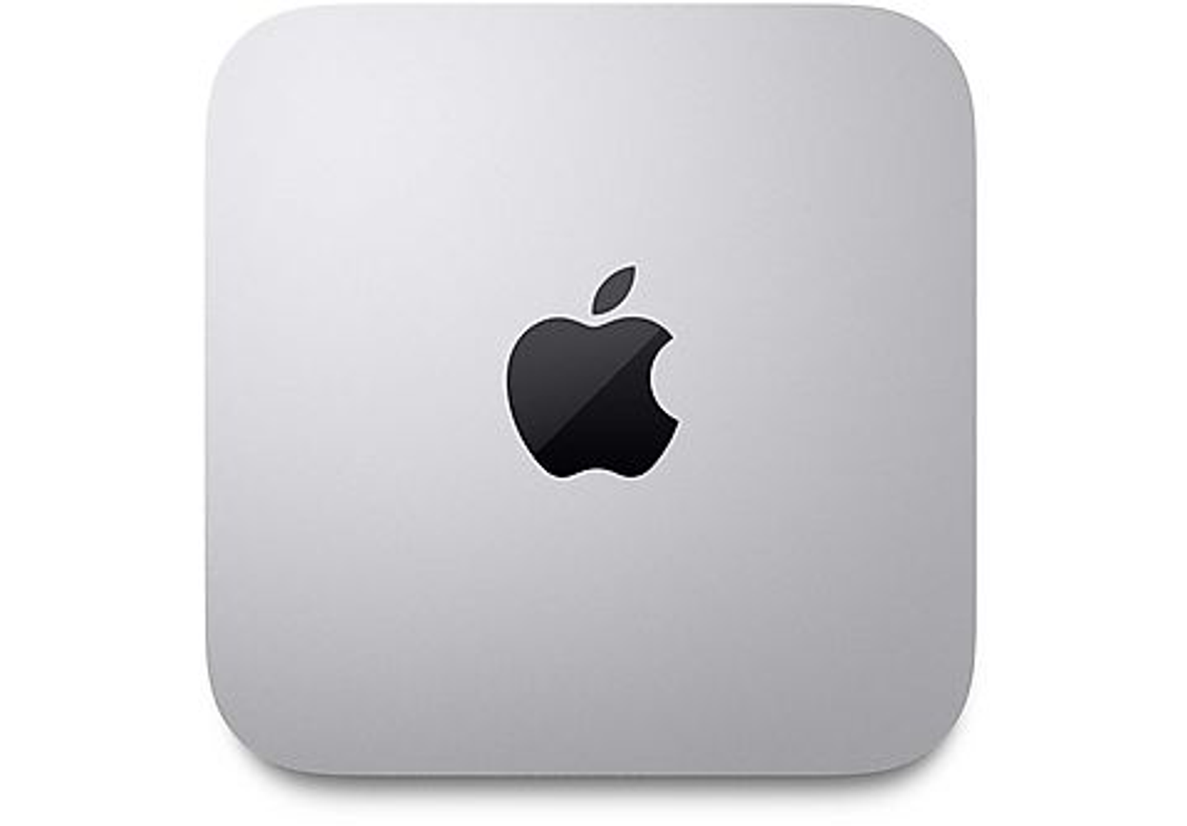 Apple Mac Mini plateado con el logotipo de Apple centrado en la superficie superior.