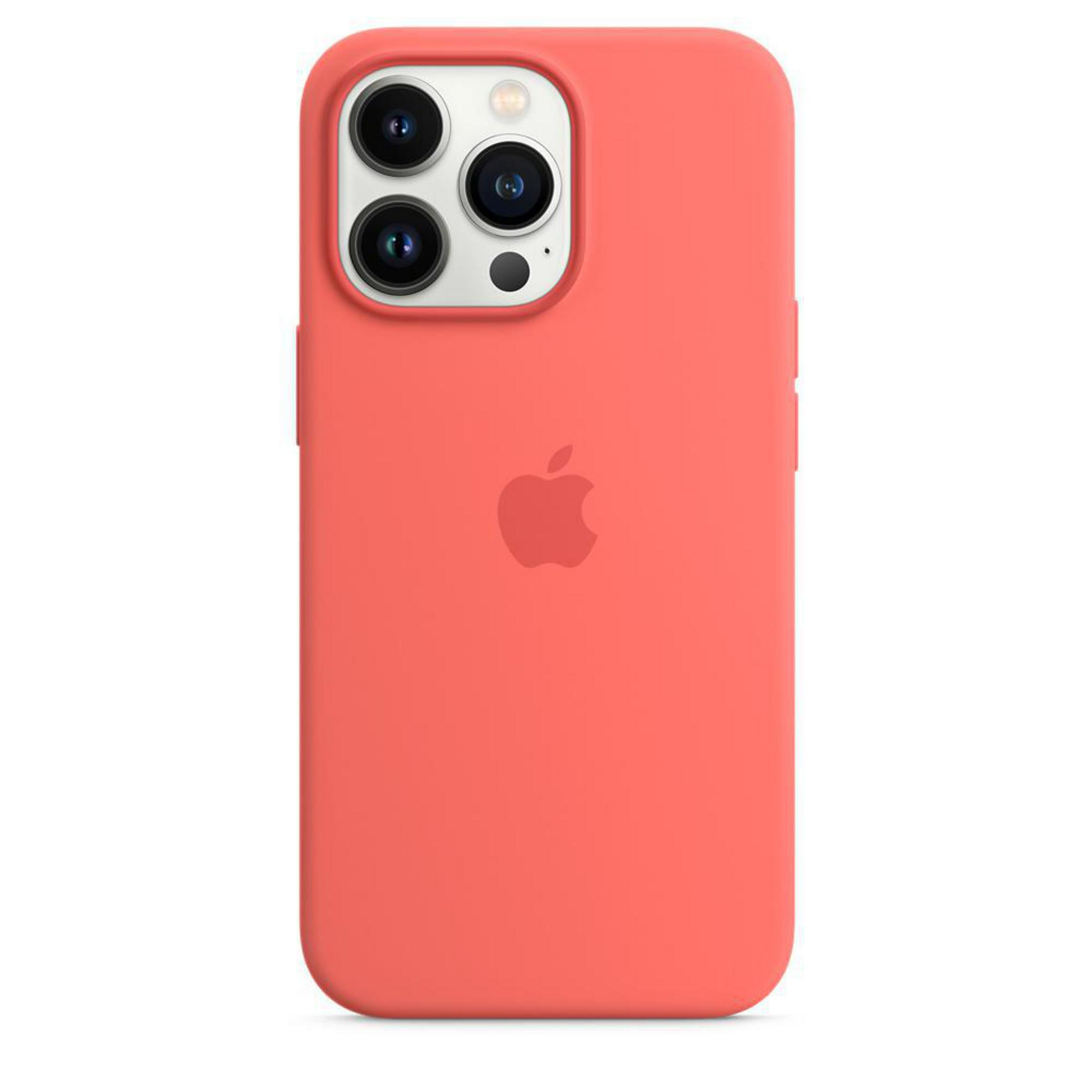 Koralowe etui na iPhone'a z logo Apple i systemem potrójnego aparatu.