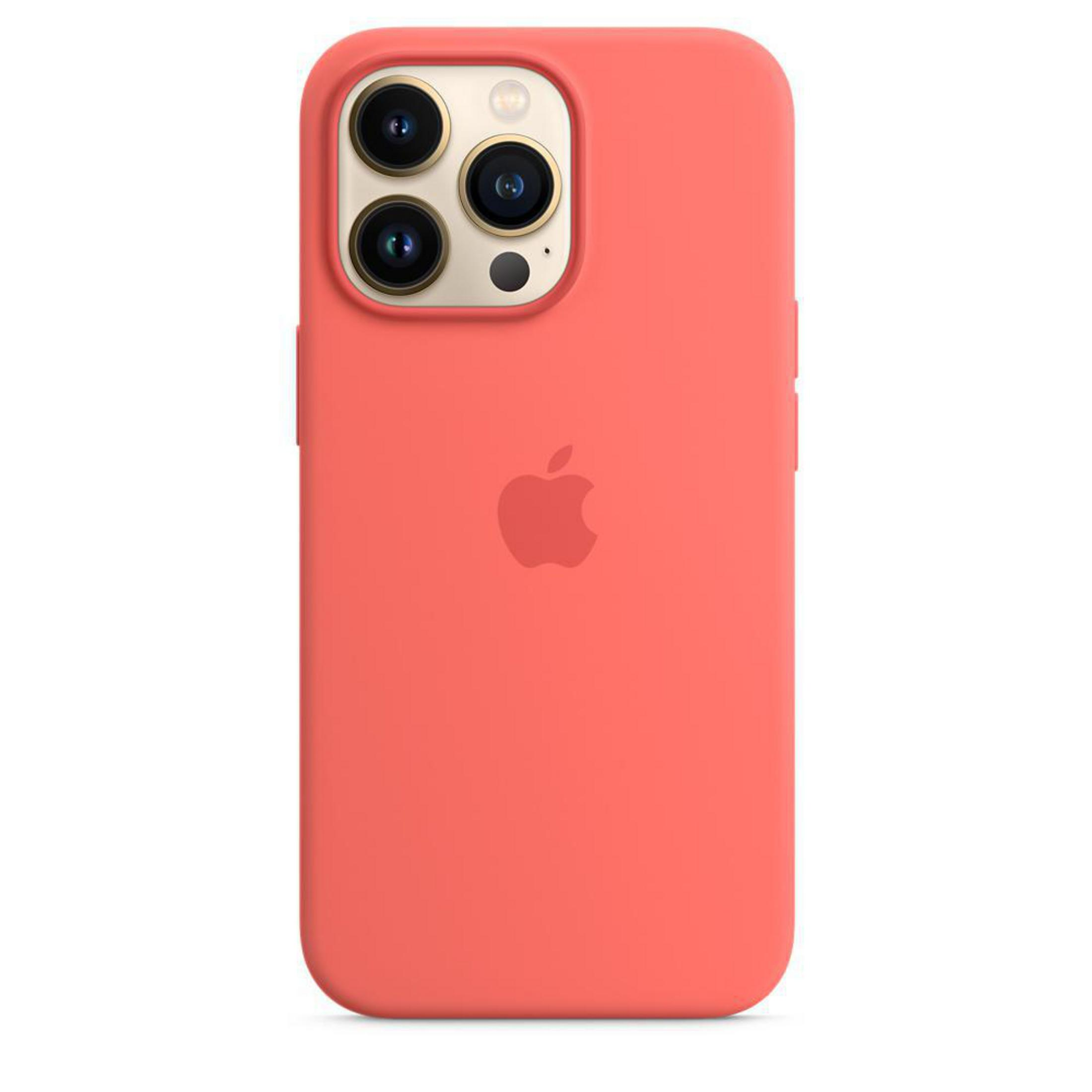 Koralowy iPhone z zestawem kamer i logo Apple. Prosty design, różowe etui.