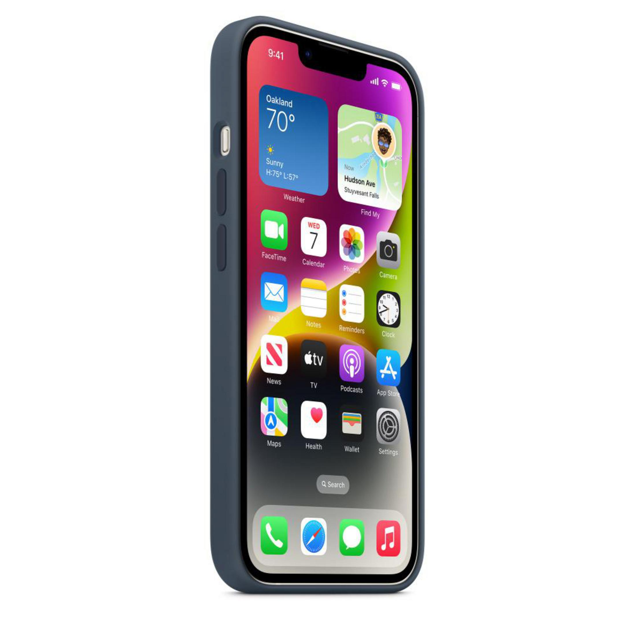 Un iPhone bleu avec des applications sur l'écran, affichant la météo et l'heure.
