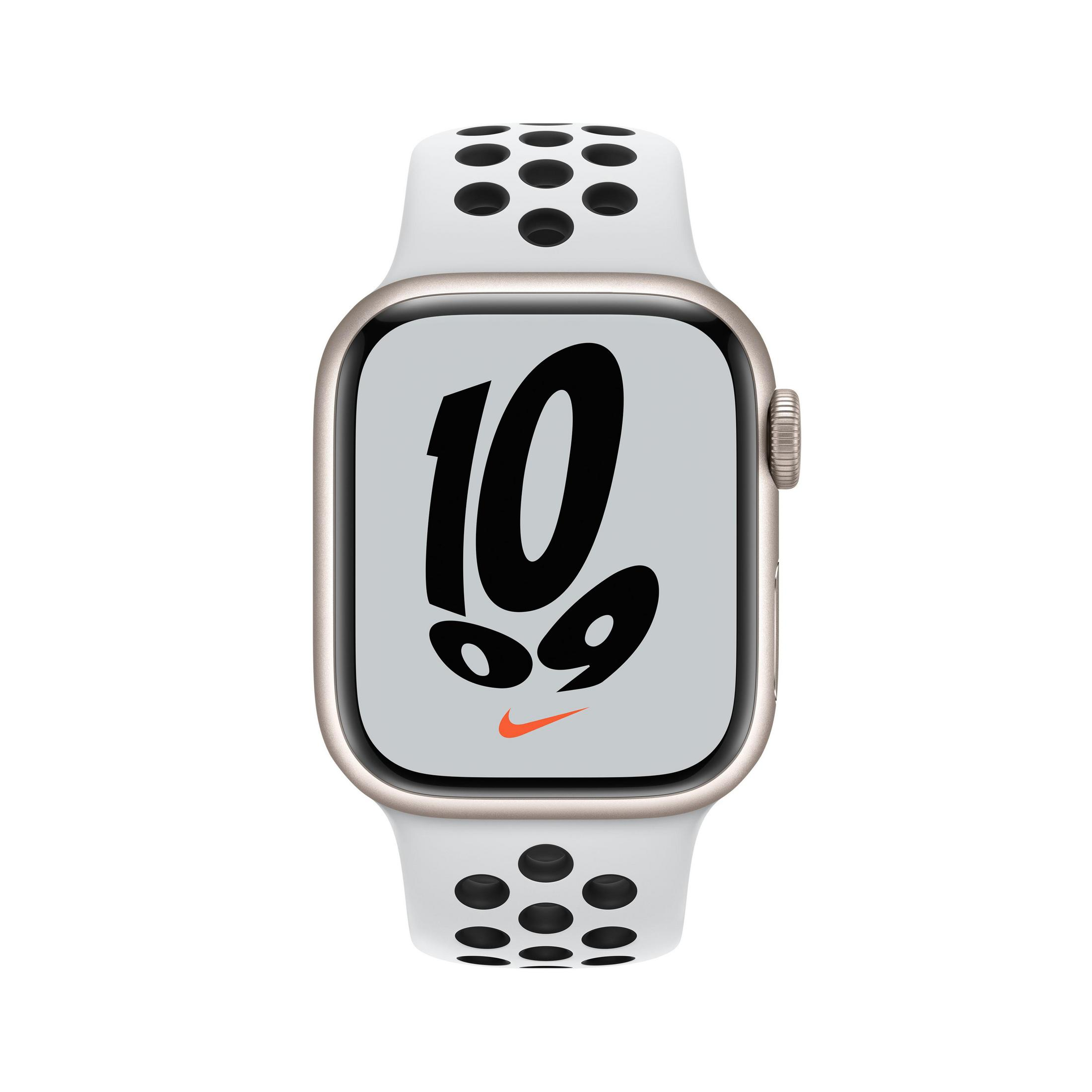 Weiße Nike Apple Watch mit schwarzen Punkten und hellgrauem Bildschirm mit der Zahl 10 und Nike-Logo.
