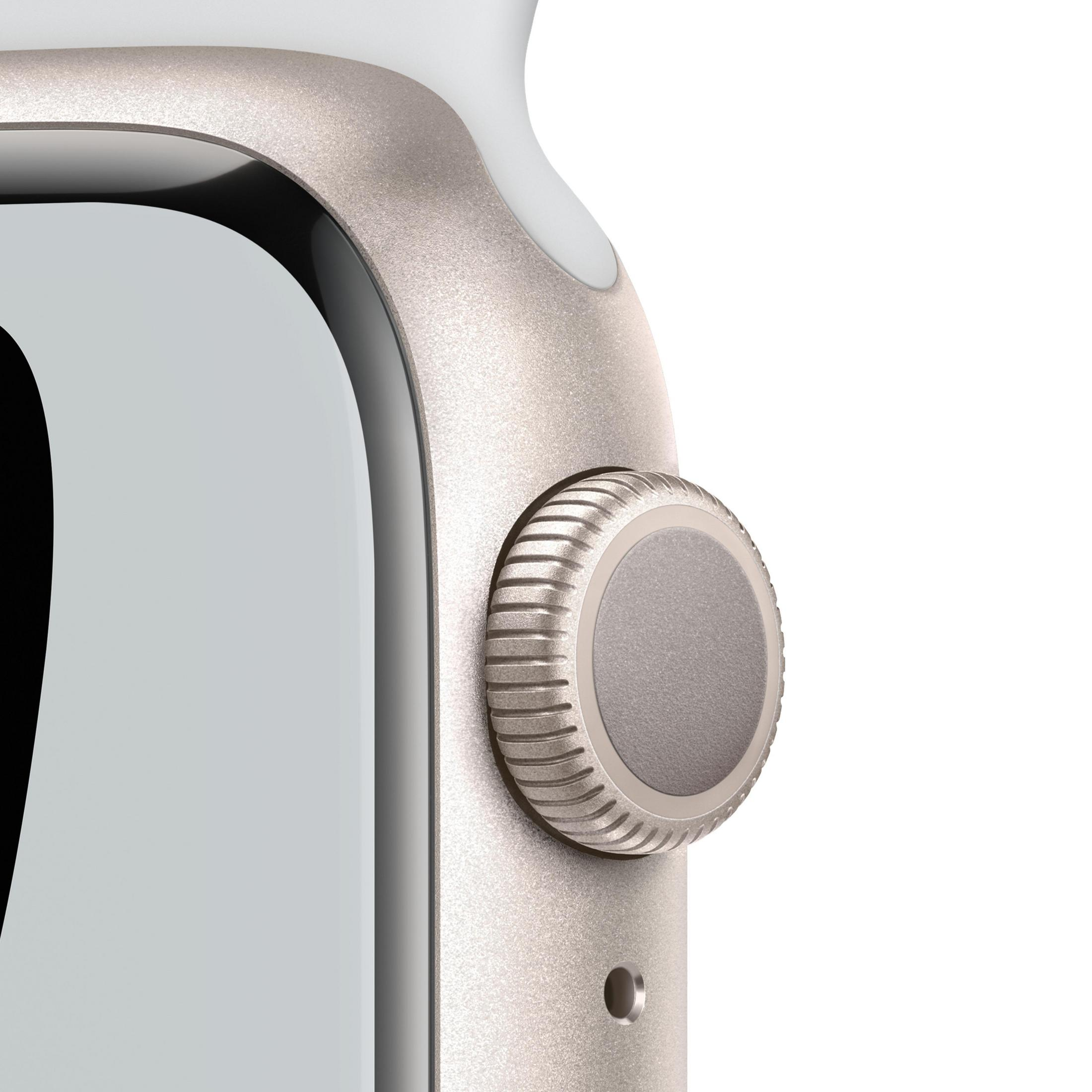 Nahaufnahme der Apple Watch Series 7, die die Seite mit der Digital Crown zeigt.