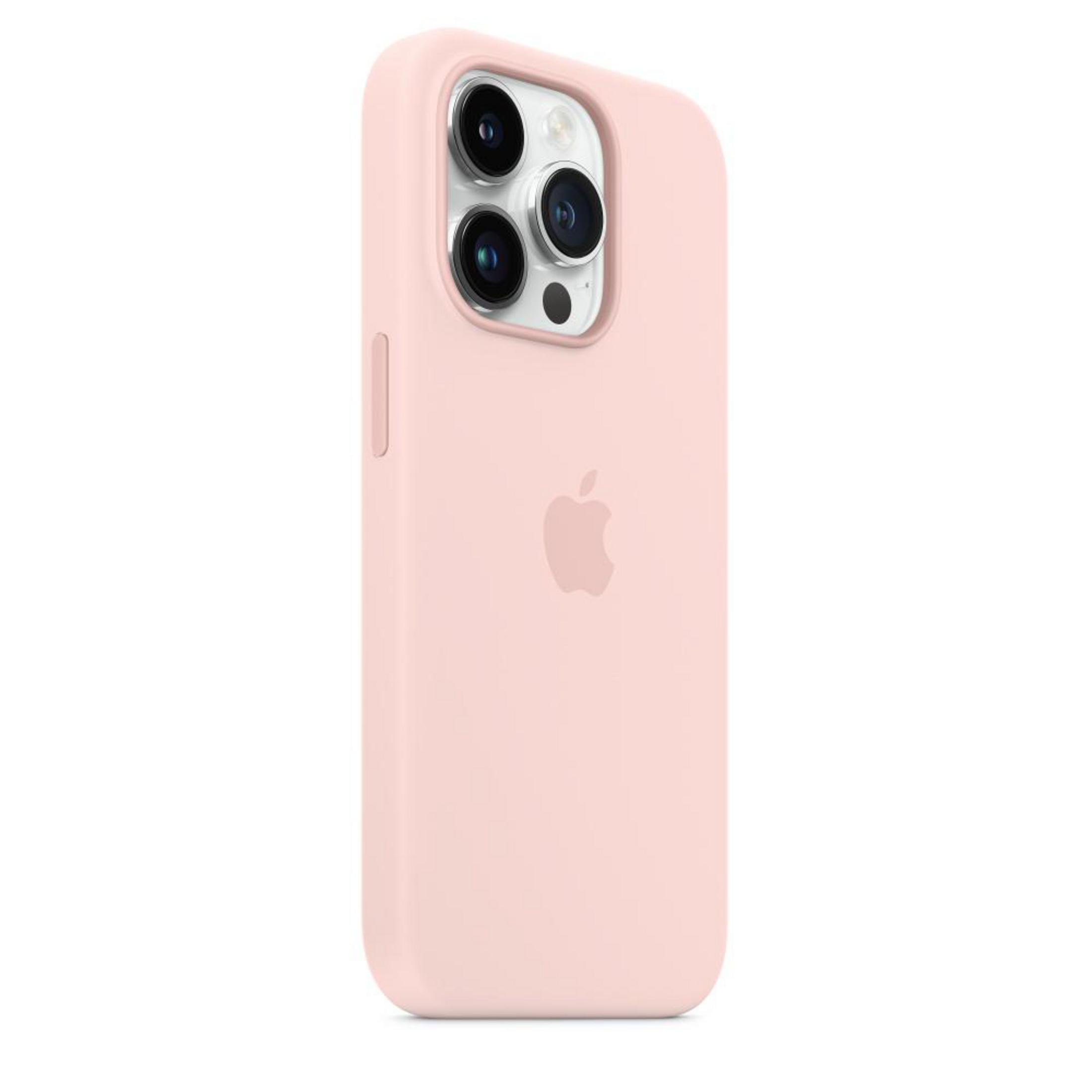 Roze telefoonhoesje met drie cameralenzen en het Apple-logo.