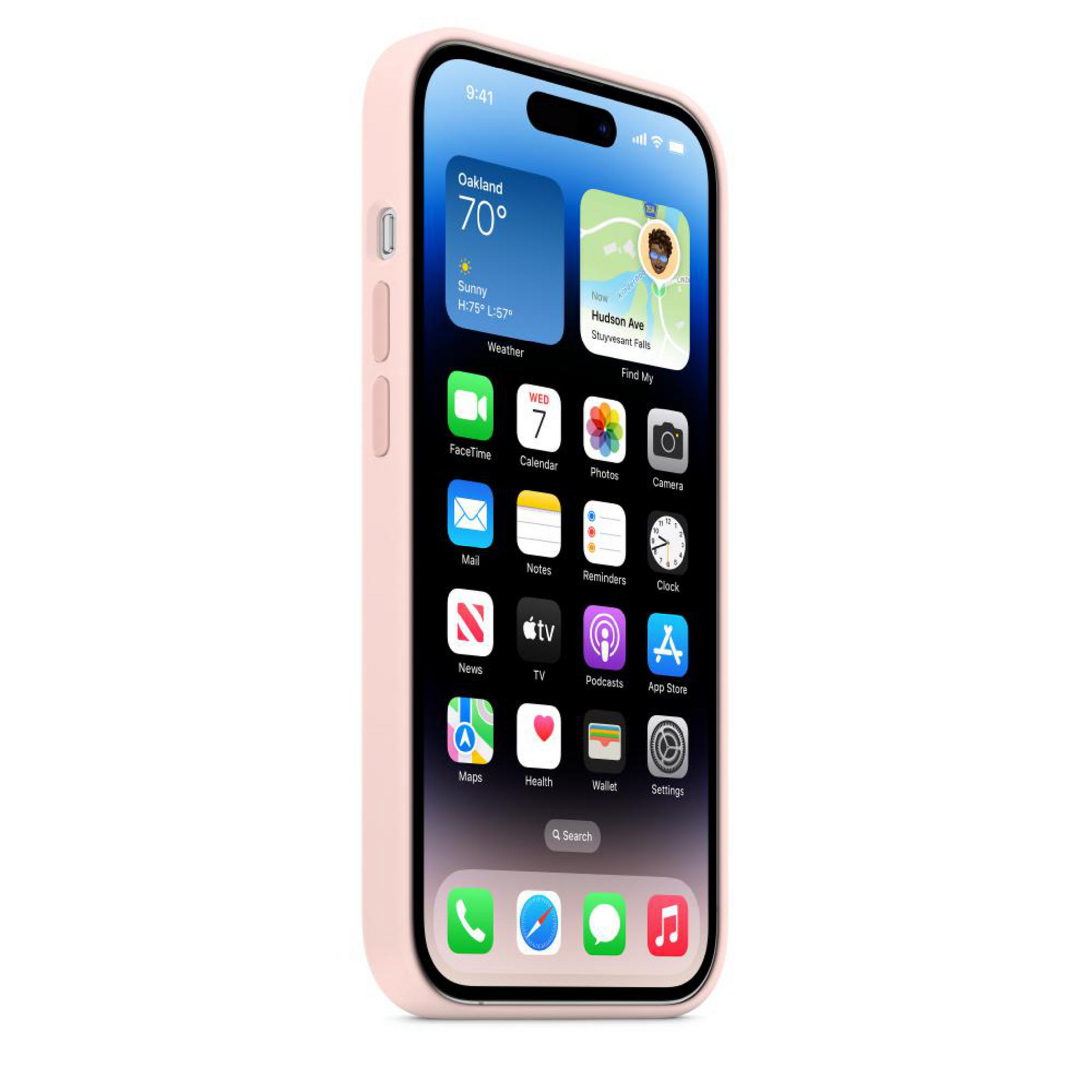 Roze telefoon met een scherm dat apps weergeeft. Toont weerinformatie en een klok.