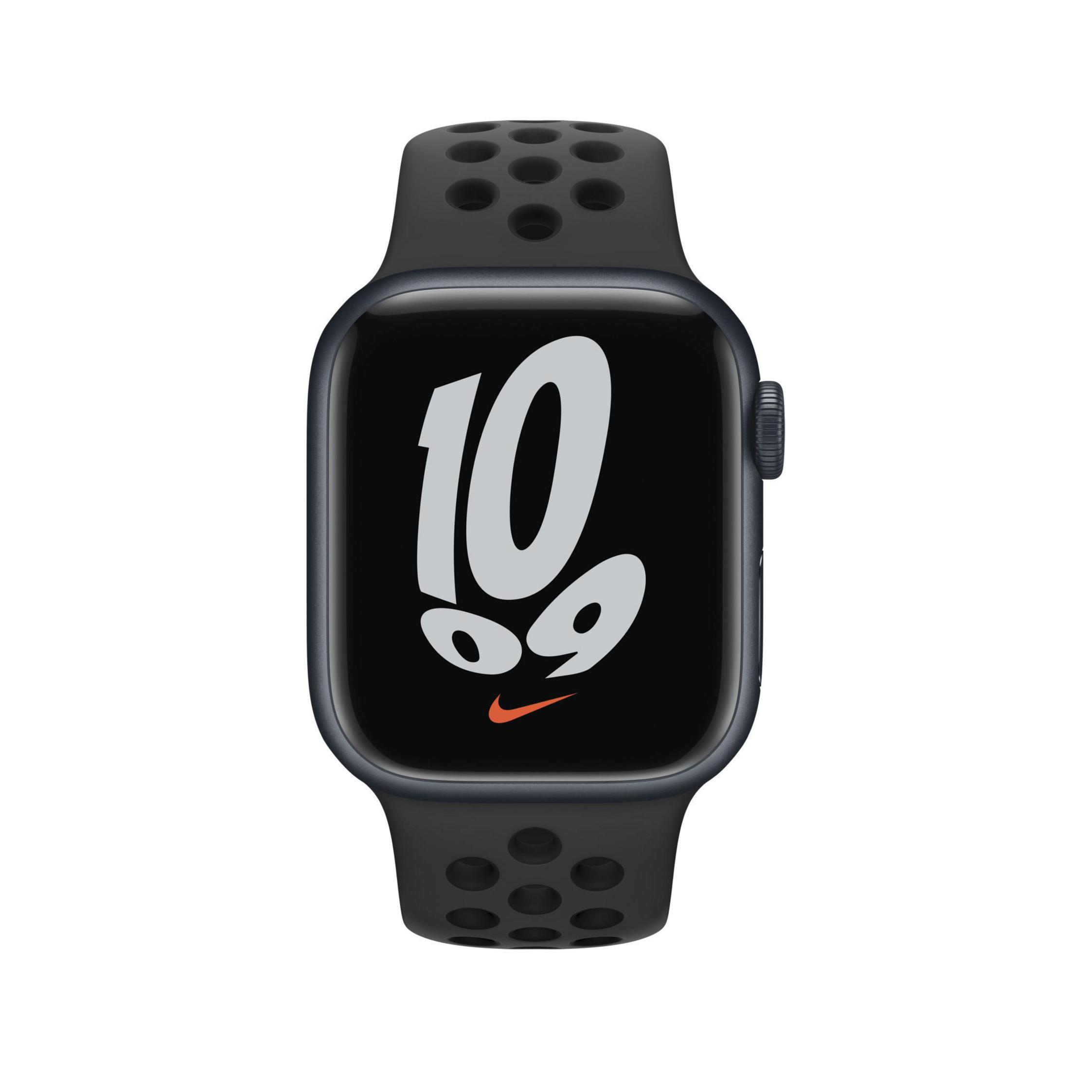 Schwarze Apple Watch mit schwarzem Nike-Armband. Der Bildschirm zeigt die Zahl 10 und das Nike-Logo.