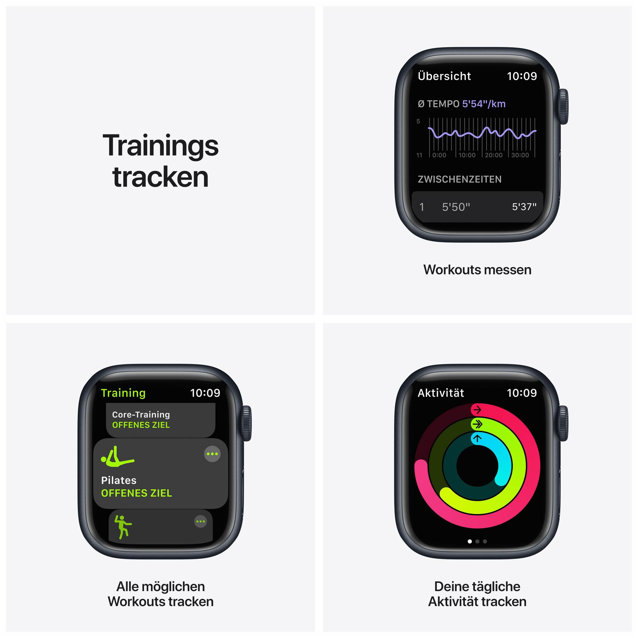 Vier Apple Watch-Bildschirme mit Workouts, Trainingsoptionen und Aktivitätsringen, vor Weiß.