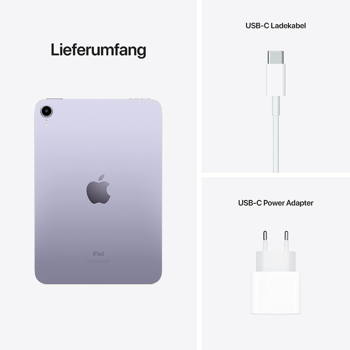Ein iPad mit Zubehör: USB-C-Kabel und Netzteil, alles auf weißem Hintergrund.