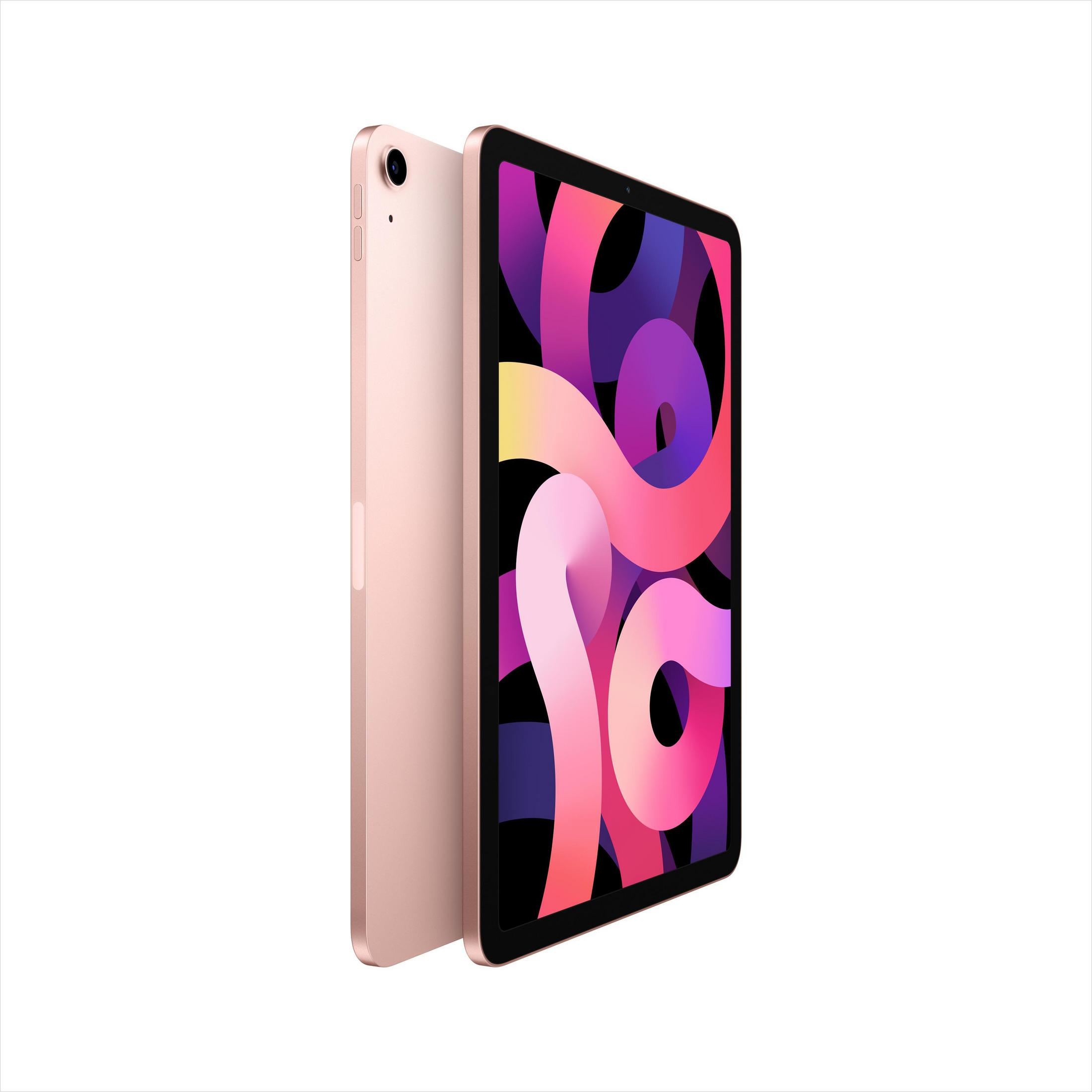 Różowy iPad Air, z ekranem pokazującym kolorowy abstrakcyjny wzór i profil boczny.