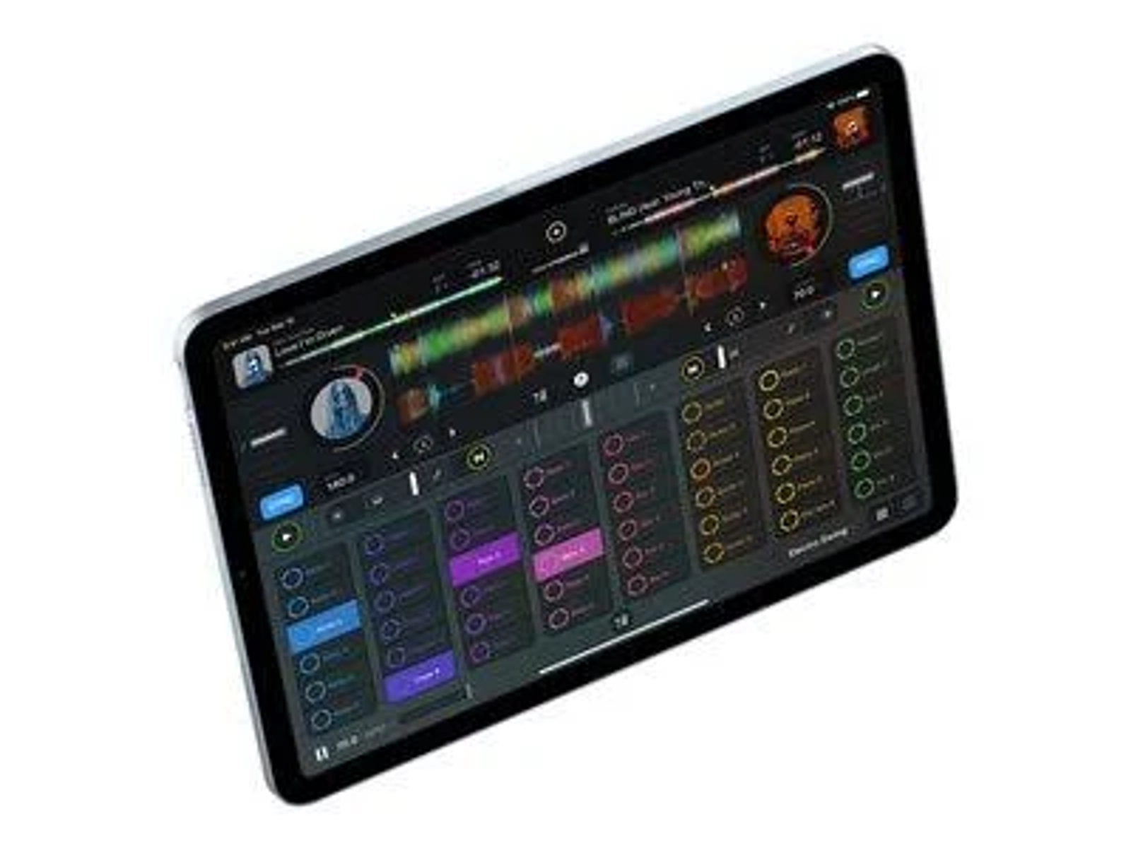 Tablet con interfaccia di mixaggio DJ, con controlli e visualizzatore colorato.